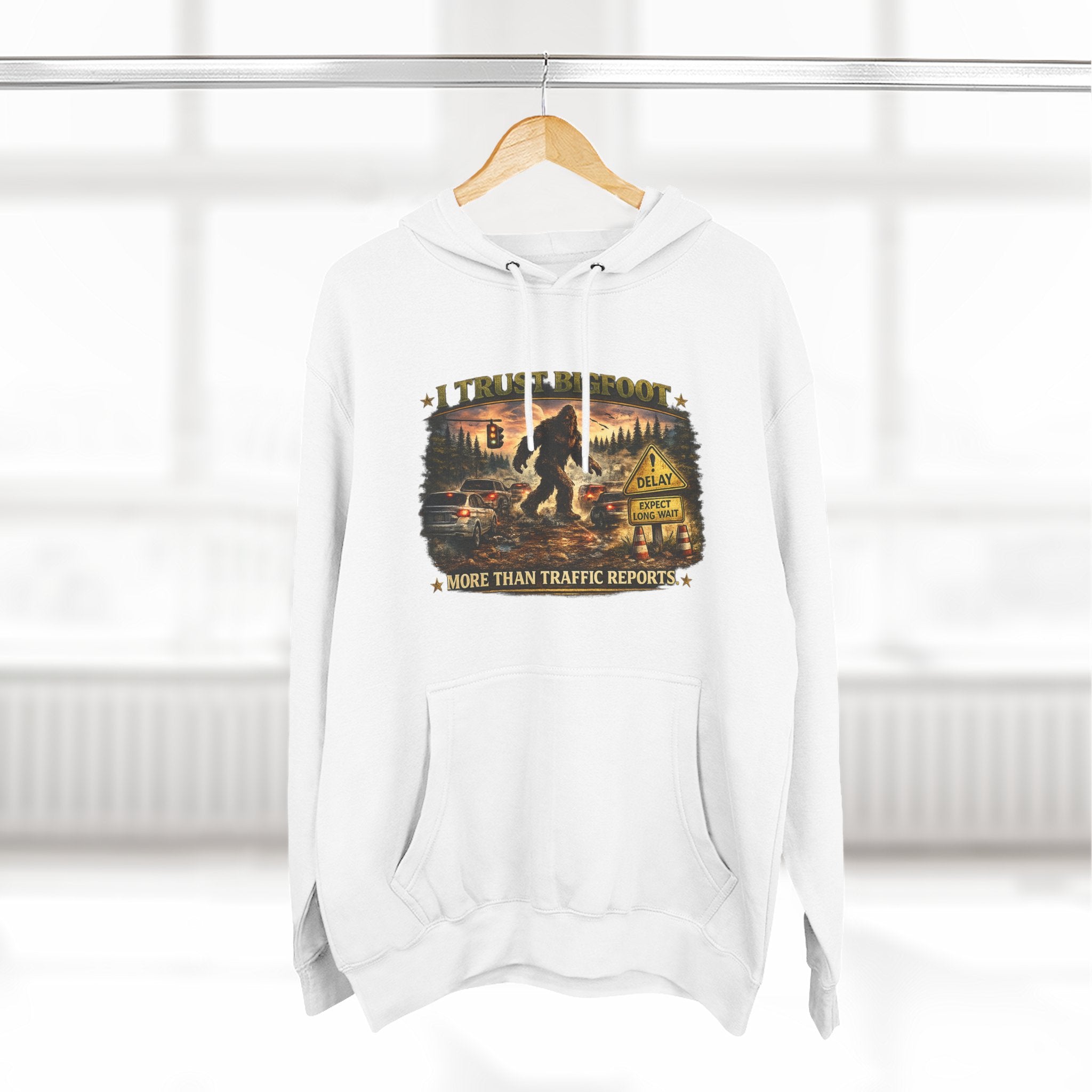 Bigfoot Forest Hoodie - "More Than Traffic Reports" Retro Sasquatch Graphic Hoodie