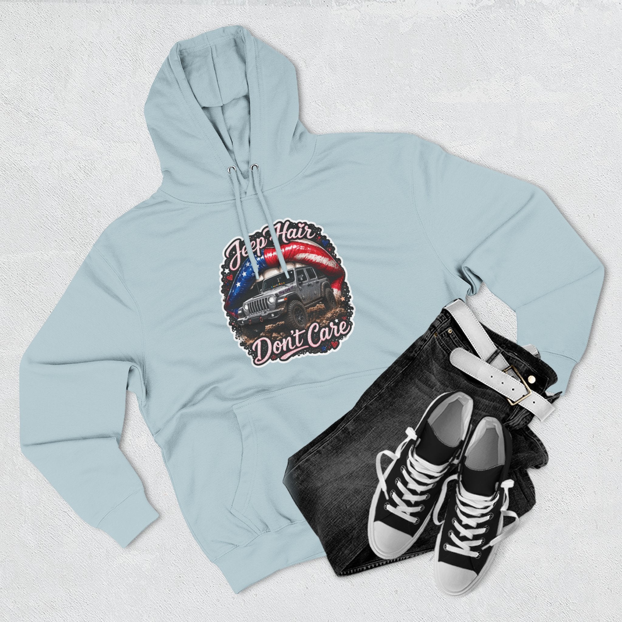 "Jeep Hair Don't Care" Graphic Fleece Pullover - Patriotic Jeep Hoodie