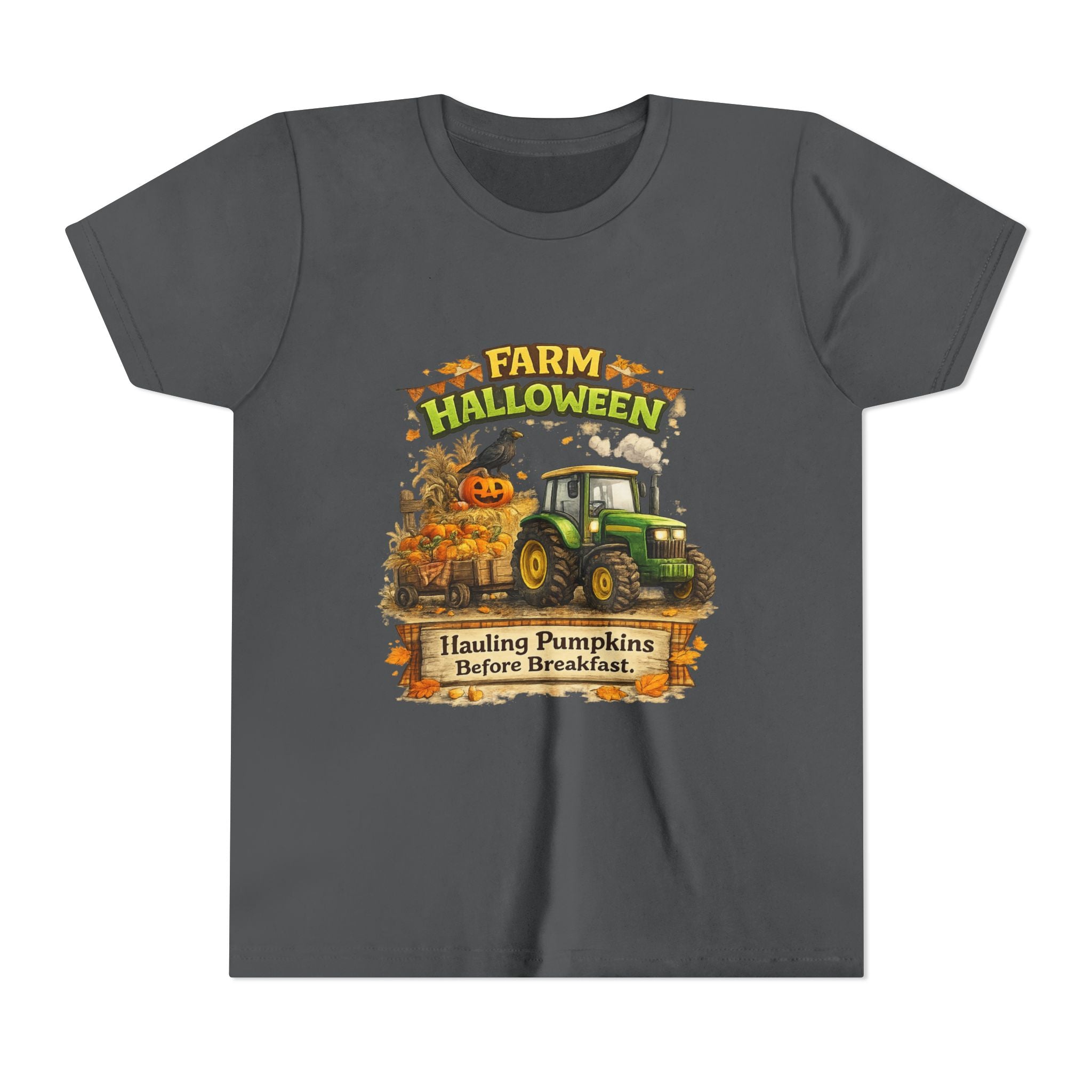 "Hauling Pumpkins Before Breakfast" Tractor Graphic — Youth Farm Halloween Tee