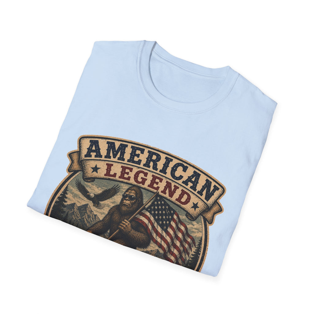 American Legend T-Shirt — Patriotic Bigfoot Design ("Protected by Freedom & Mystery")