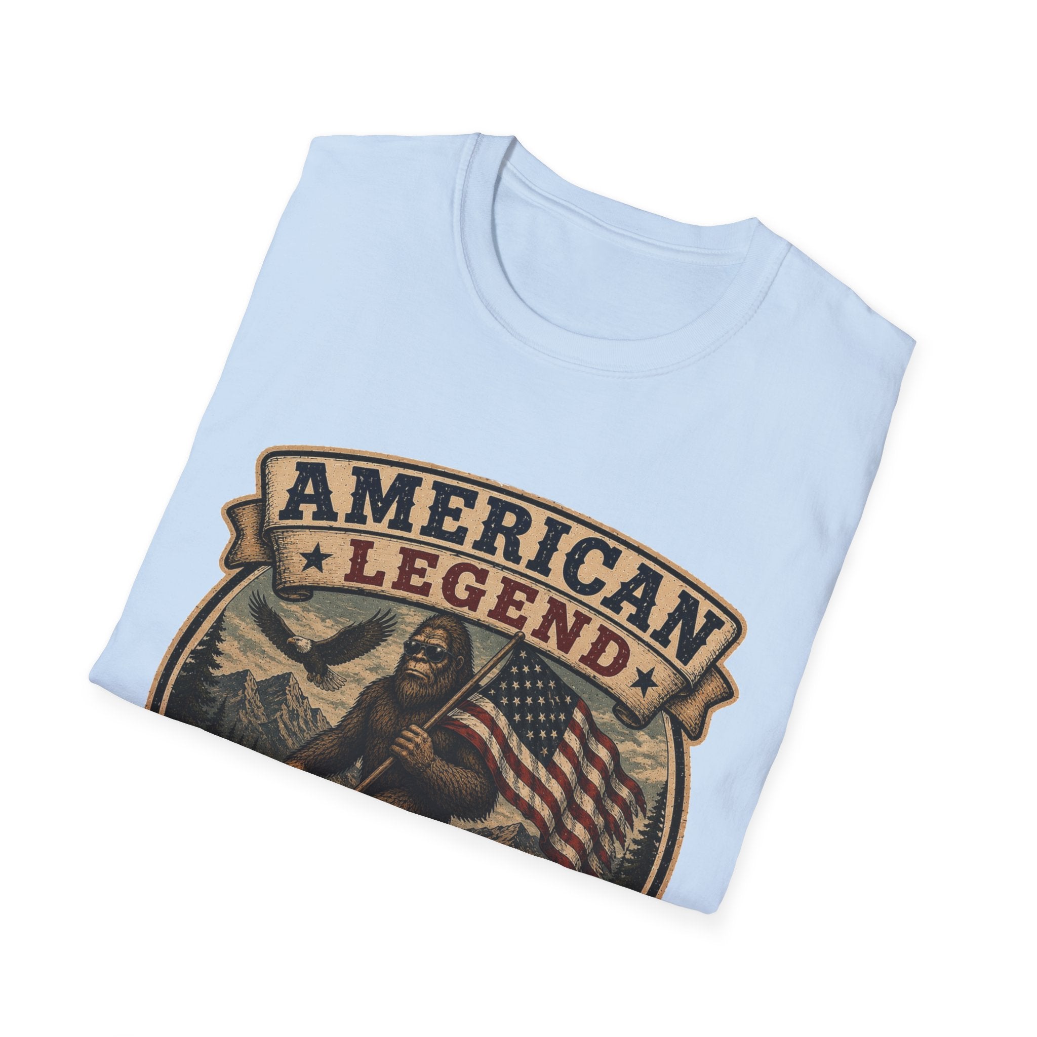 American Legend T-Shirt — Patriotic Bigfoot Design ("Protected by Freedom & Mystery")