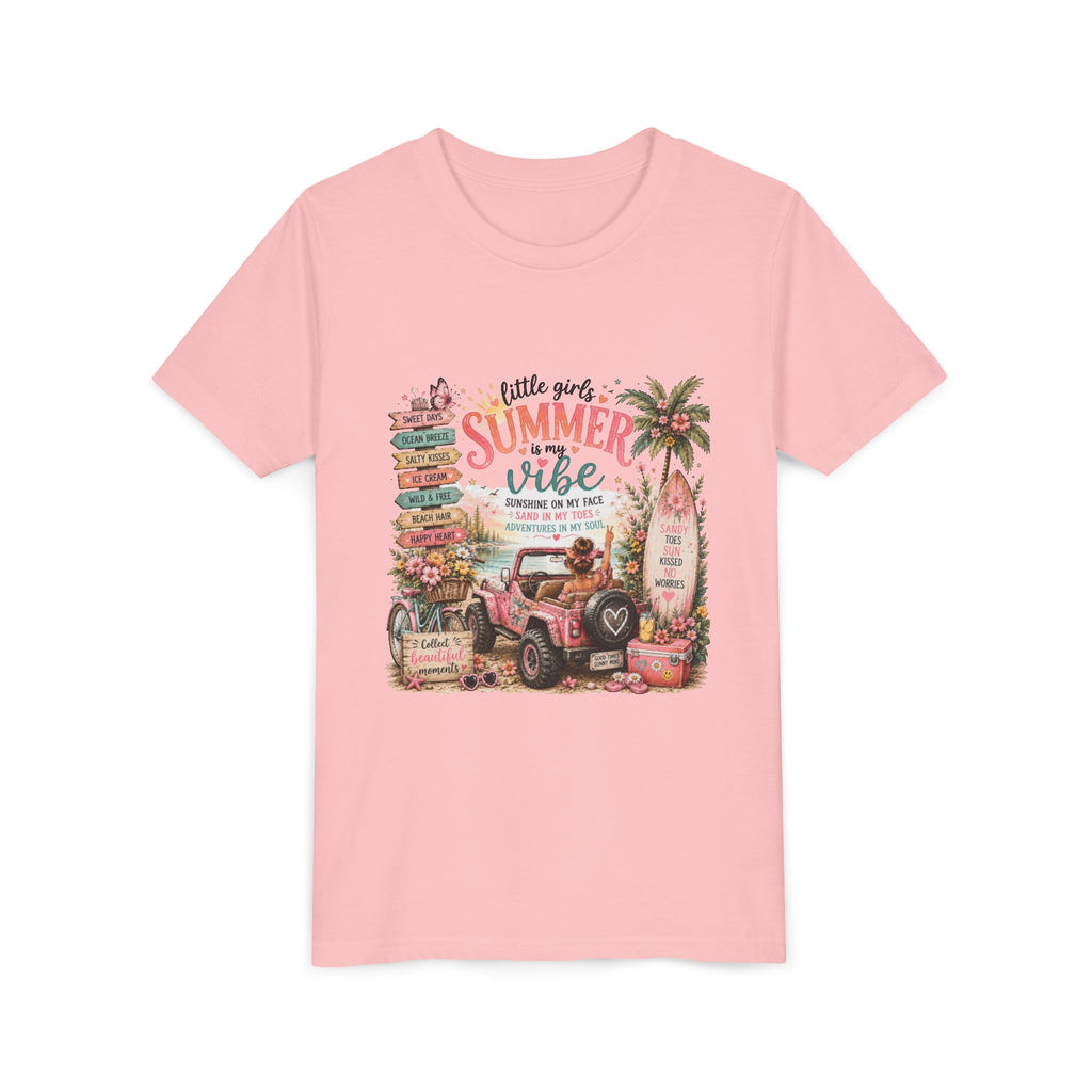 "Little Girls Summer Vibe" Tropical Jeep Surfboard Beach Graphic - Youth Tee