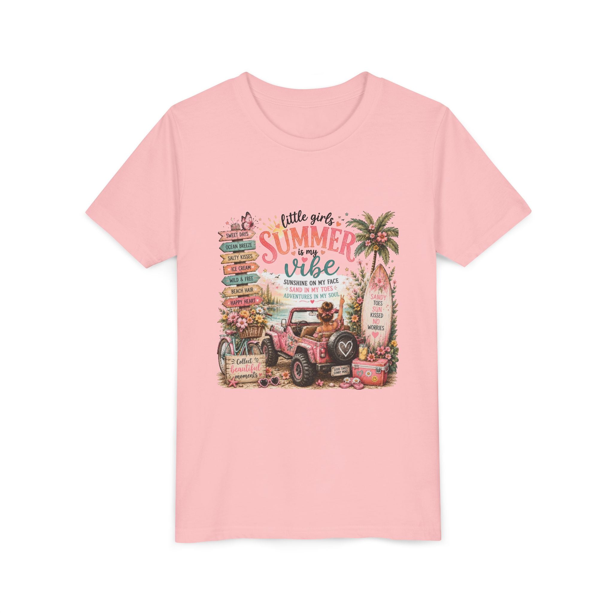 "Little Girls Summer Vibe" Tropical Jeep Surfboard Beach Graphic - Youth Tee