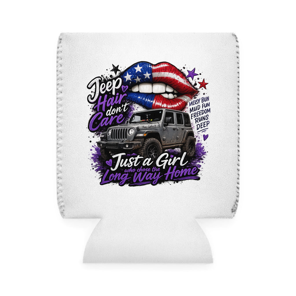 “Jeep Hair Don’t Care” Patriotic Off‑Road Girl Koozie Can Cooler Sleeve