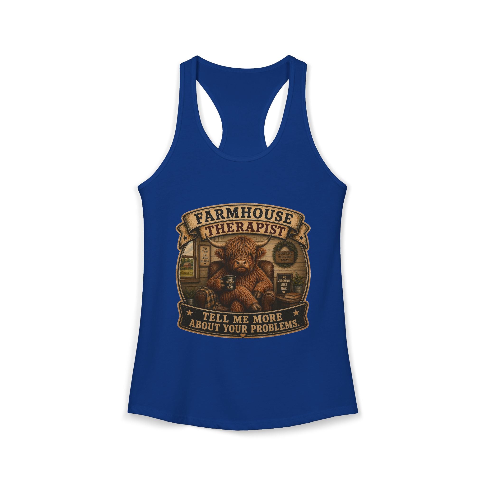 Farmhouse Therapist Highland Cow Women's Ideal Racerback Tank