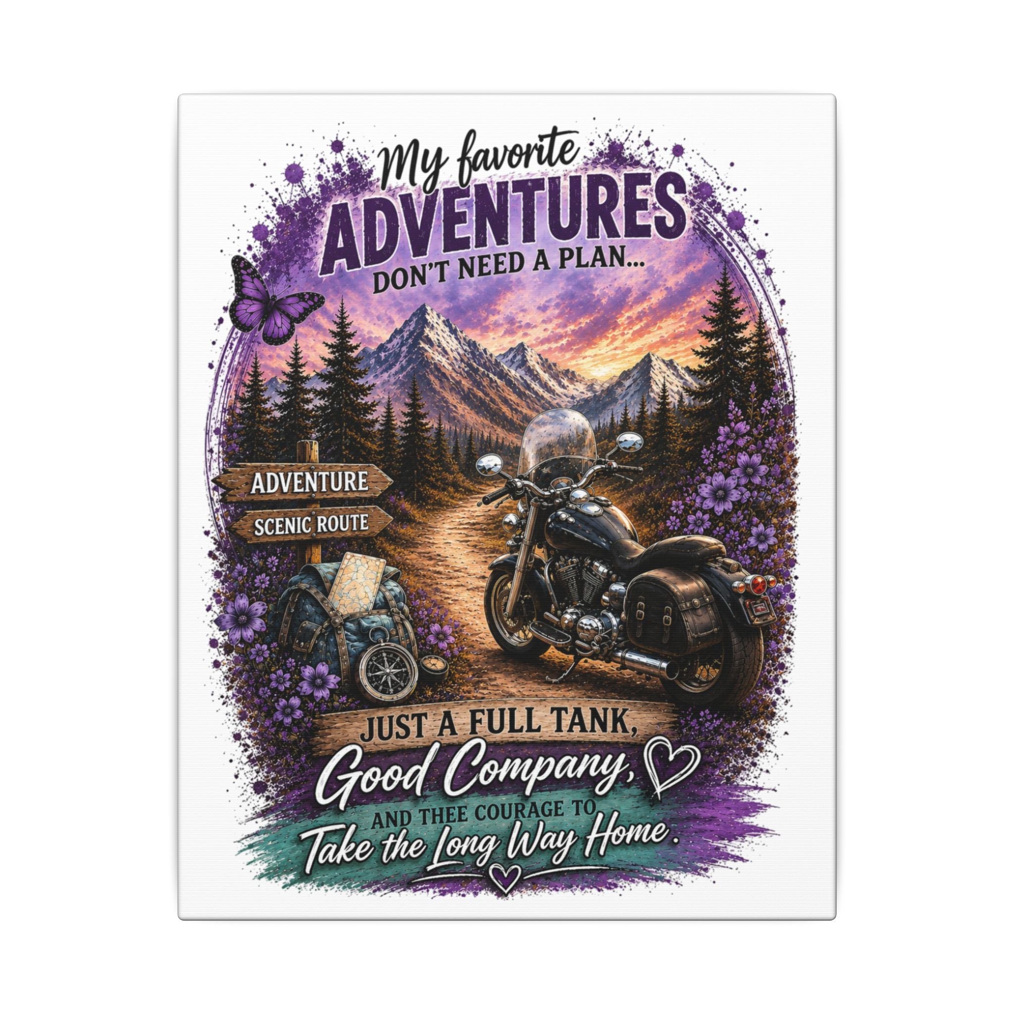 Motorcycle Adventure Canvas - "My Favorite Adventures Don't Need a Plan" Scenic Wall Art