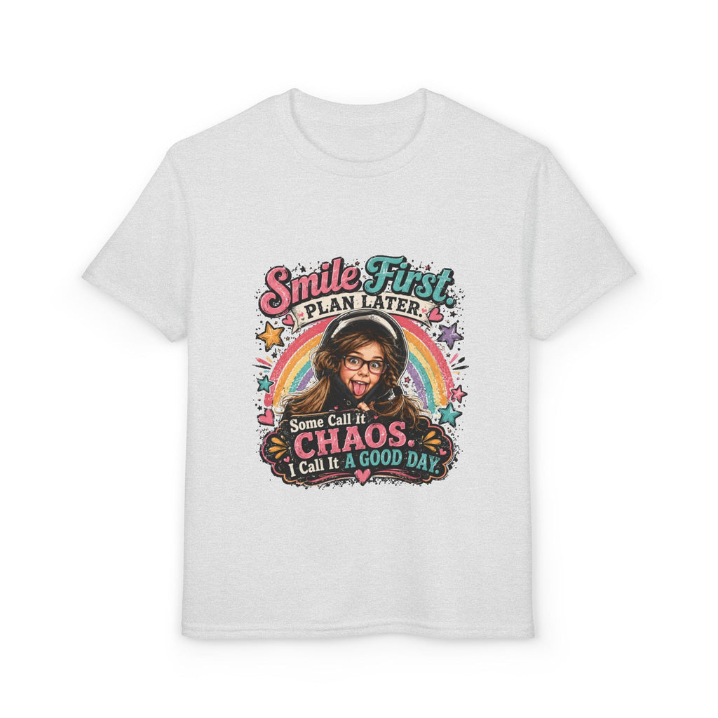 "Smile First, Plan Later" Funny Chaos Rainbow Kids Tee — Youth T-Shirt