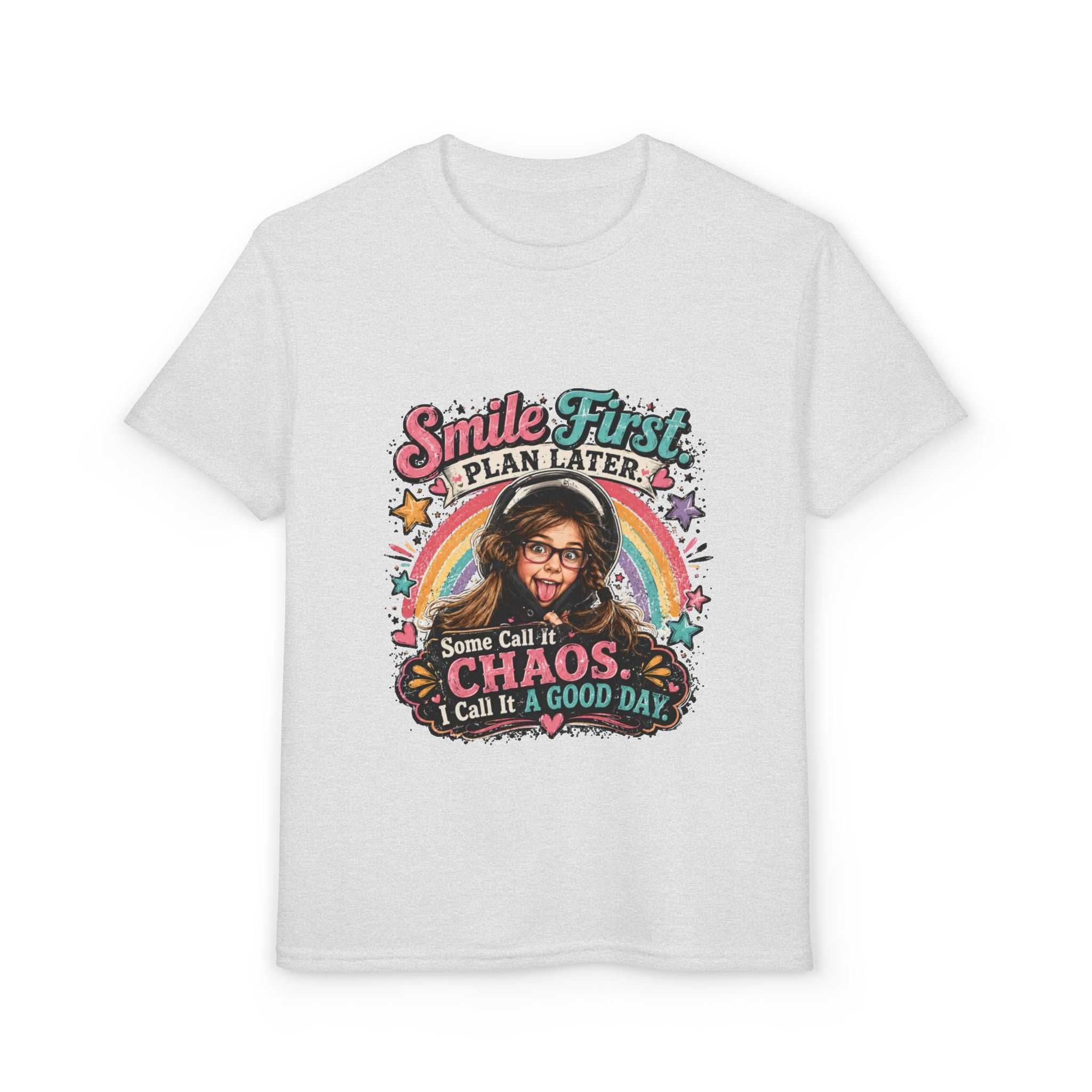 "Smile First, Plan Later" Funny Chaos Rainbow Kids Tee — Youth T-Shirt