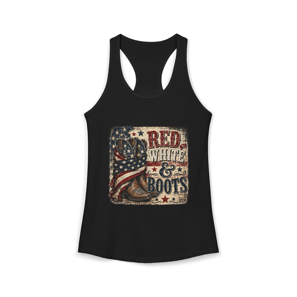Patriotic "Red White & Boots" Women's Ideal Racerback Tank— American Flag Cowboy Boot Tank