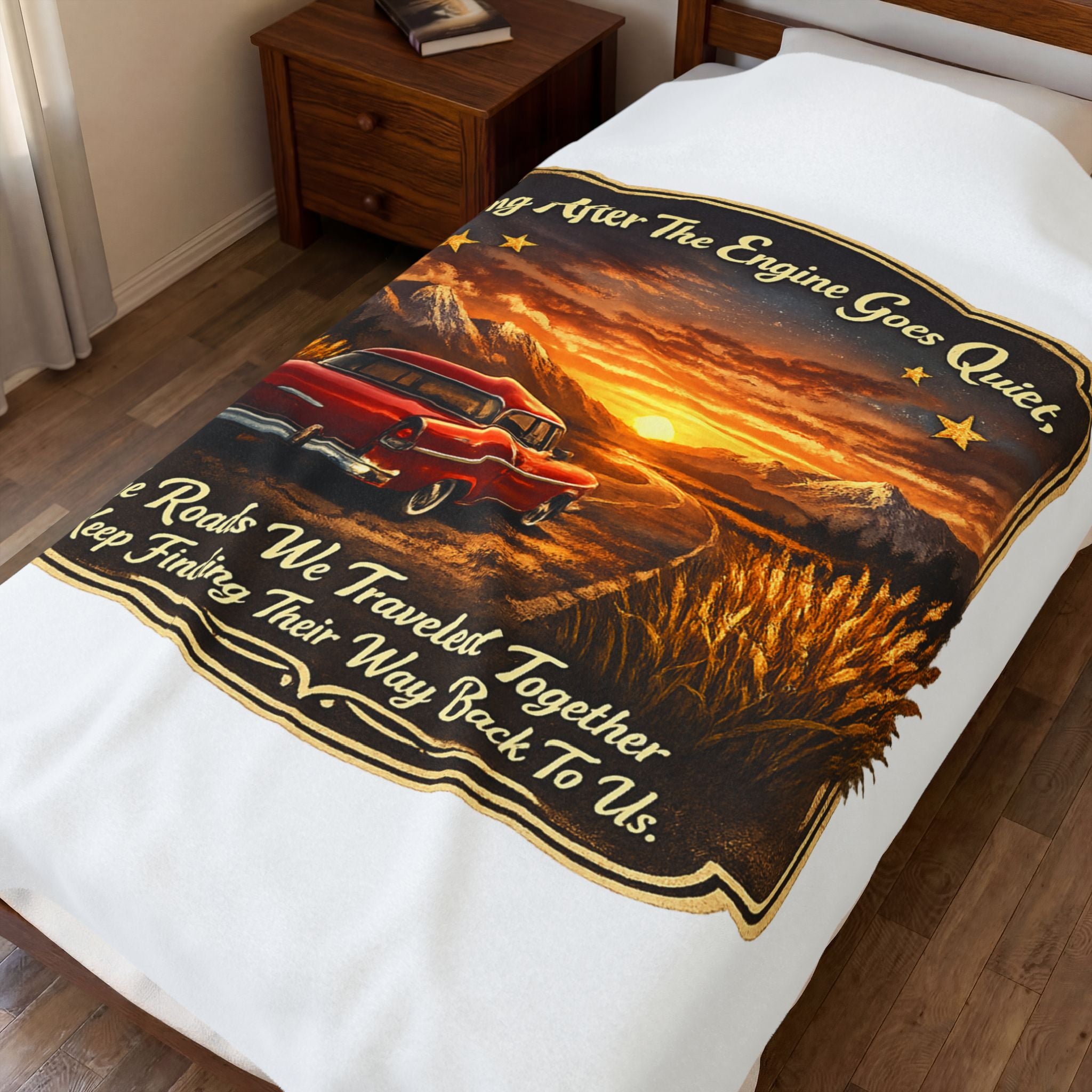 Vintage Car Sunset Throw with 'Long After The Engine Goes Quiet' Quote — Velveteen Plush Blanket