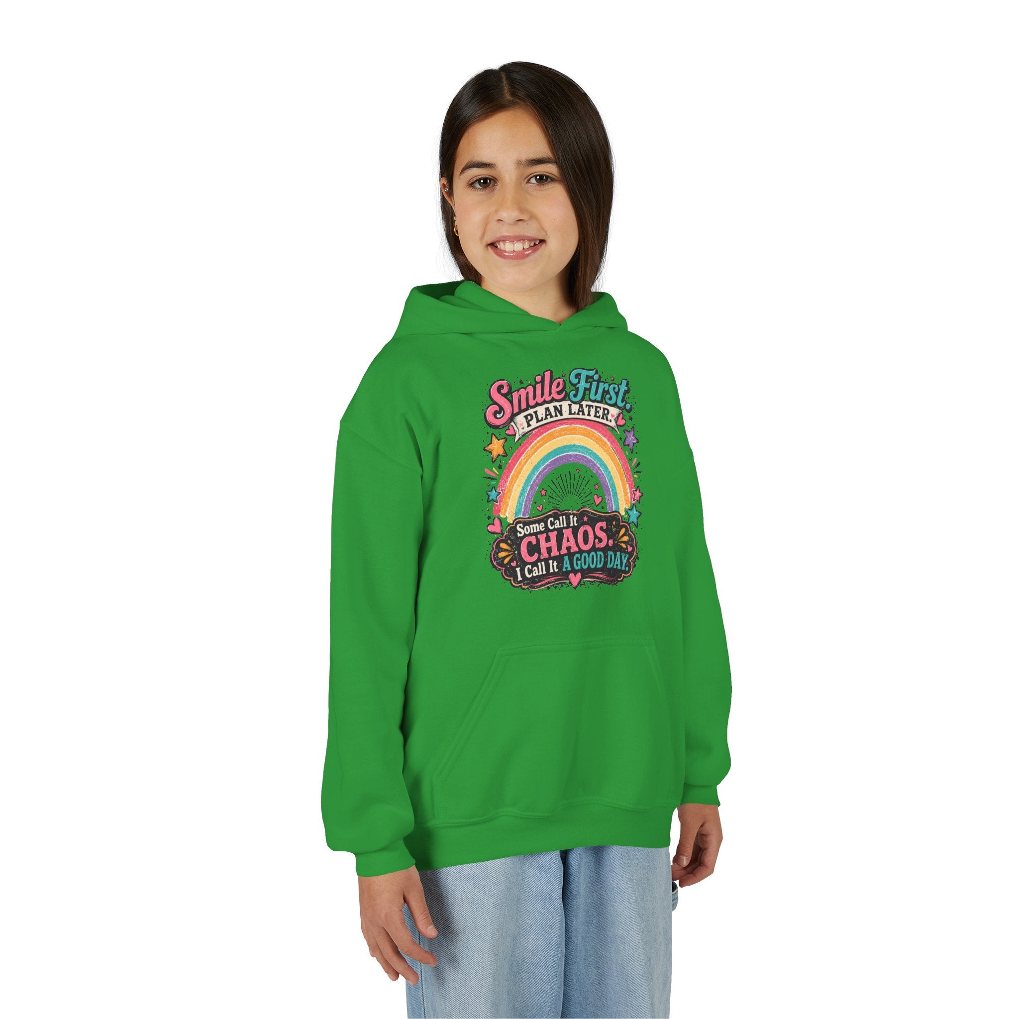 "Smile First, Plan Later" Rainbow Chaos Quote Pullover - Youth Hoodie -