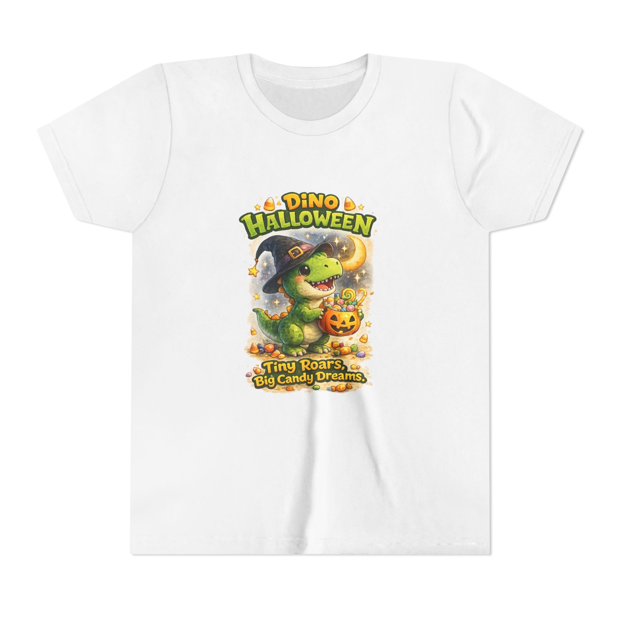Dino Halloween "Tiny Roars, Big Candy Dreams" Cute Trick-or-Treat T-Shirt - Youth Tee
