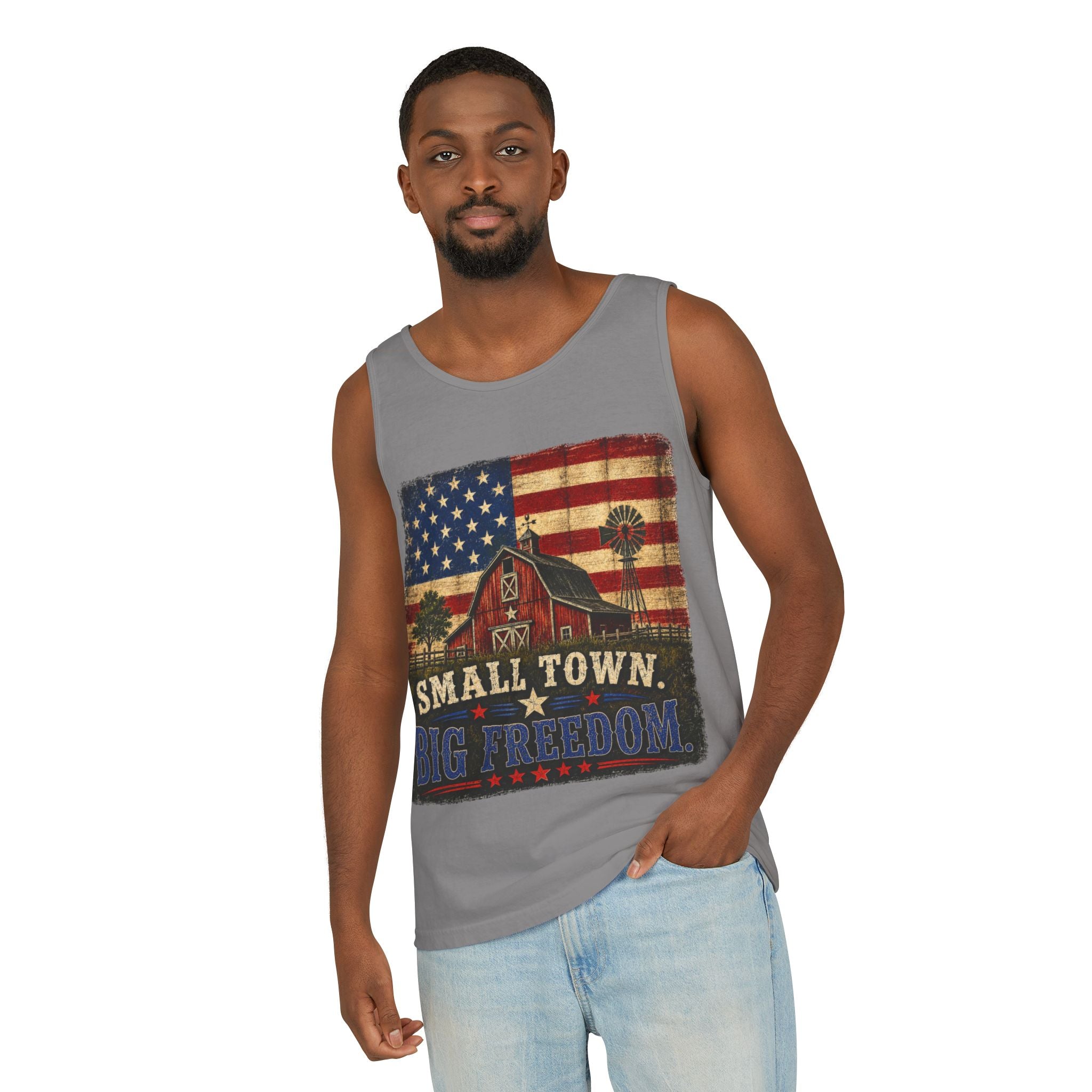 Small Town, Big Freedom Tank Top — Vintage American Flag Barn Patriotic Tank