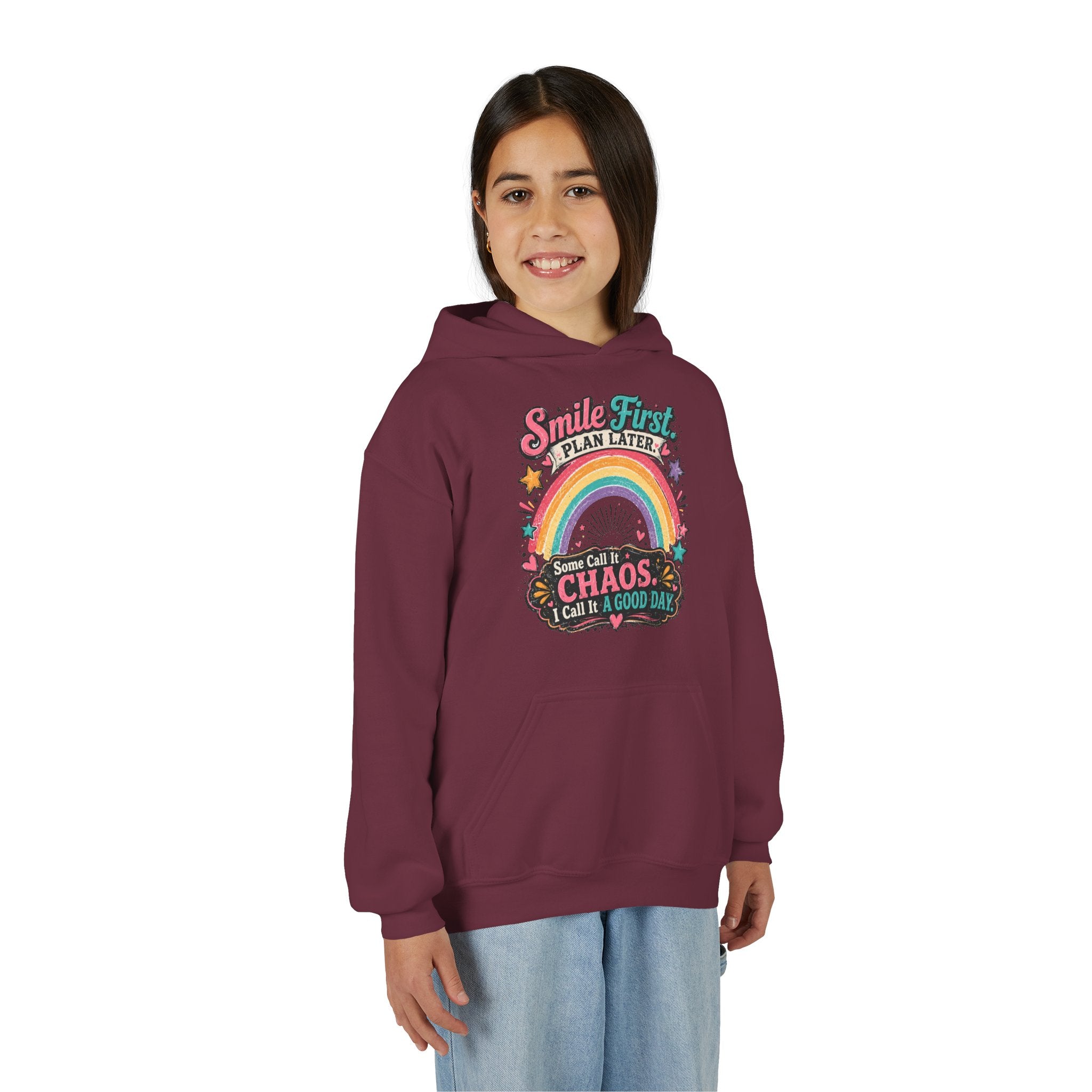 "Smile First, Plan Later" Rainbow Chaos Quote Pullover - Youth Hoodie -