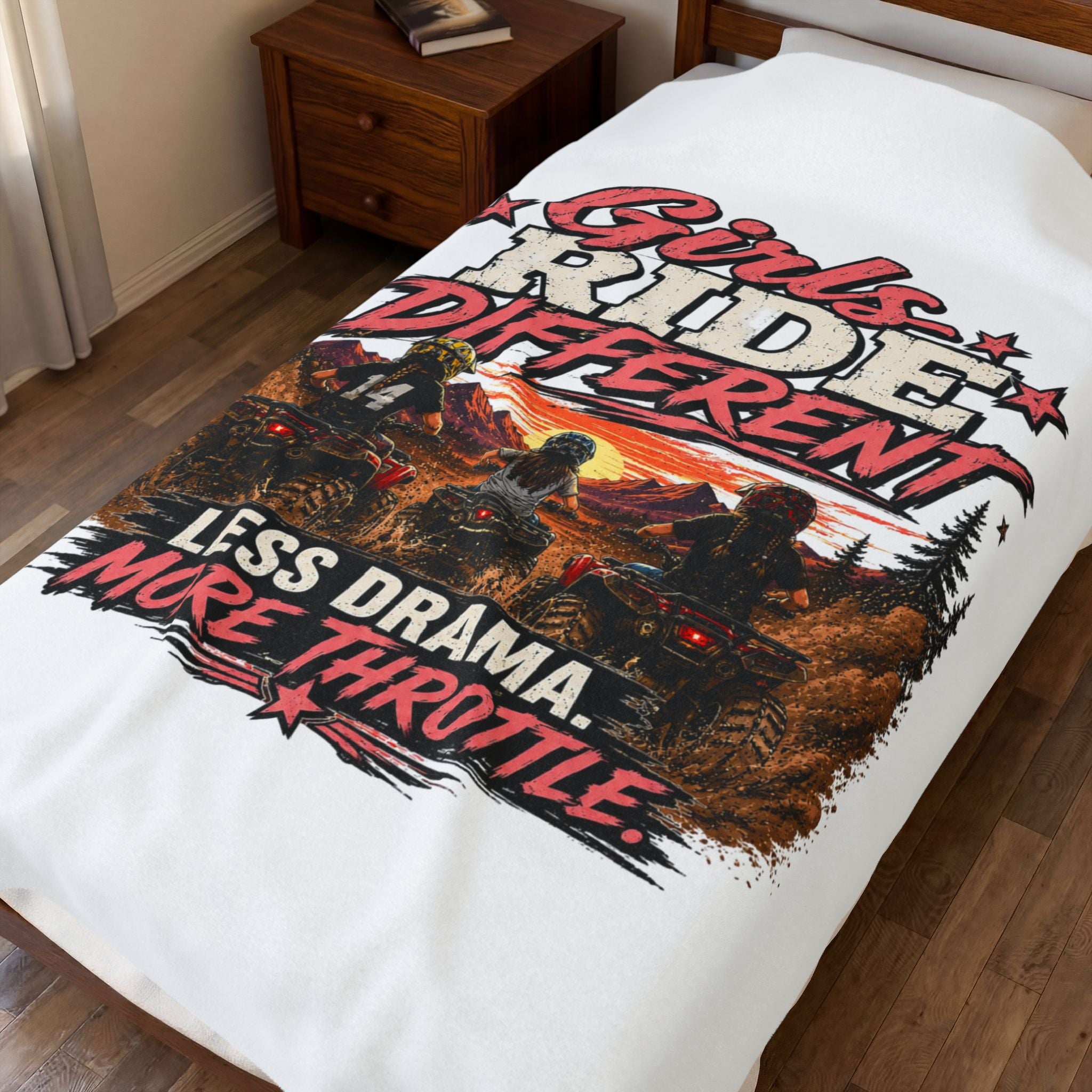 "Girls Ride Different: Less Drama, More Throttle" ATV Graphic Throw — Plush Blanket