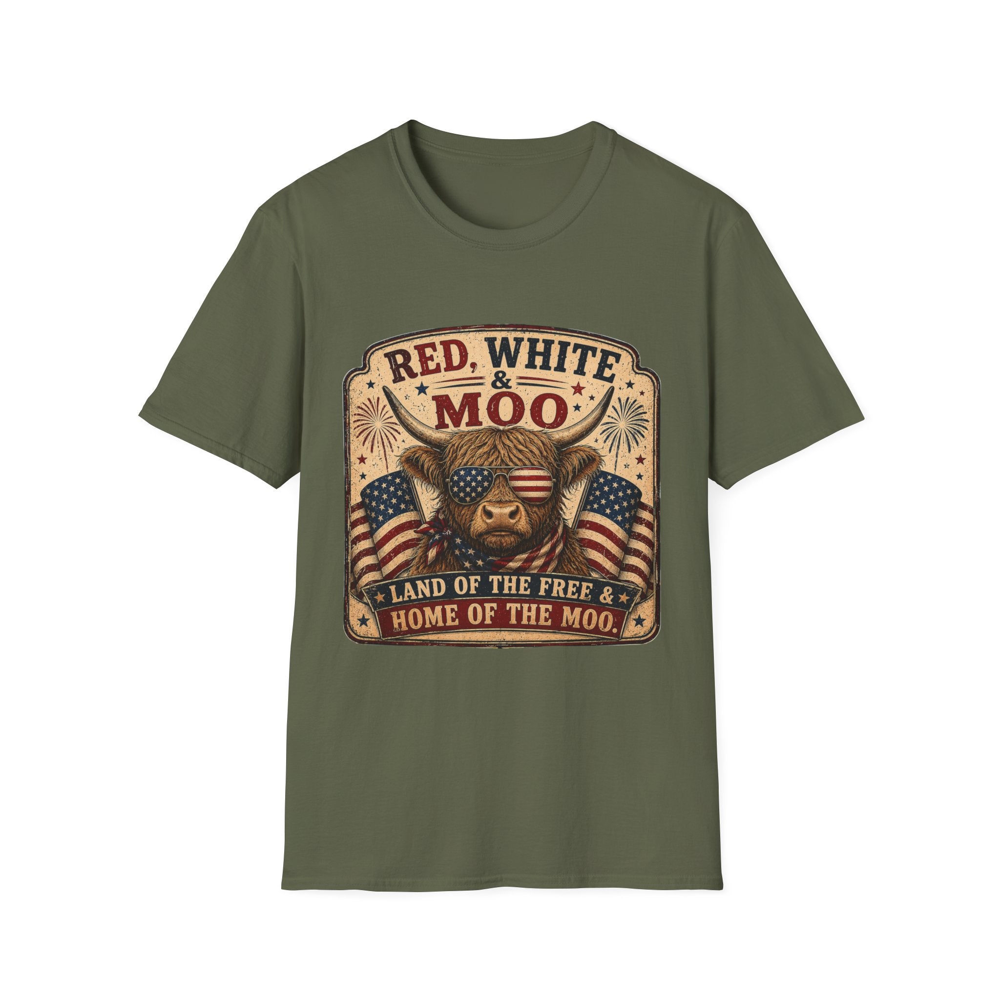 Red, White, & Moo Highland Cow Unisex Softstyle T-Shirt
