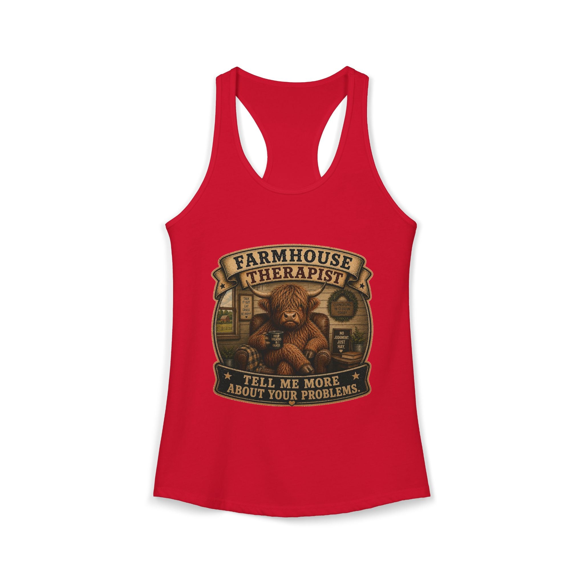 Farmhouse Therapist Highland Cow Women's Ideal Racerback Tank