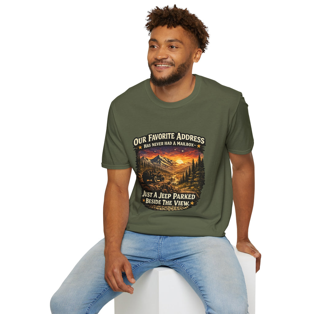 "Our Favorite Address Has Never Had a Mailbox" Scenic Mountain Camping Tee — T-Shirt