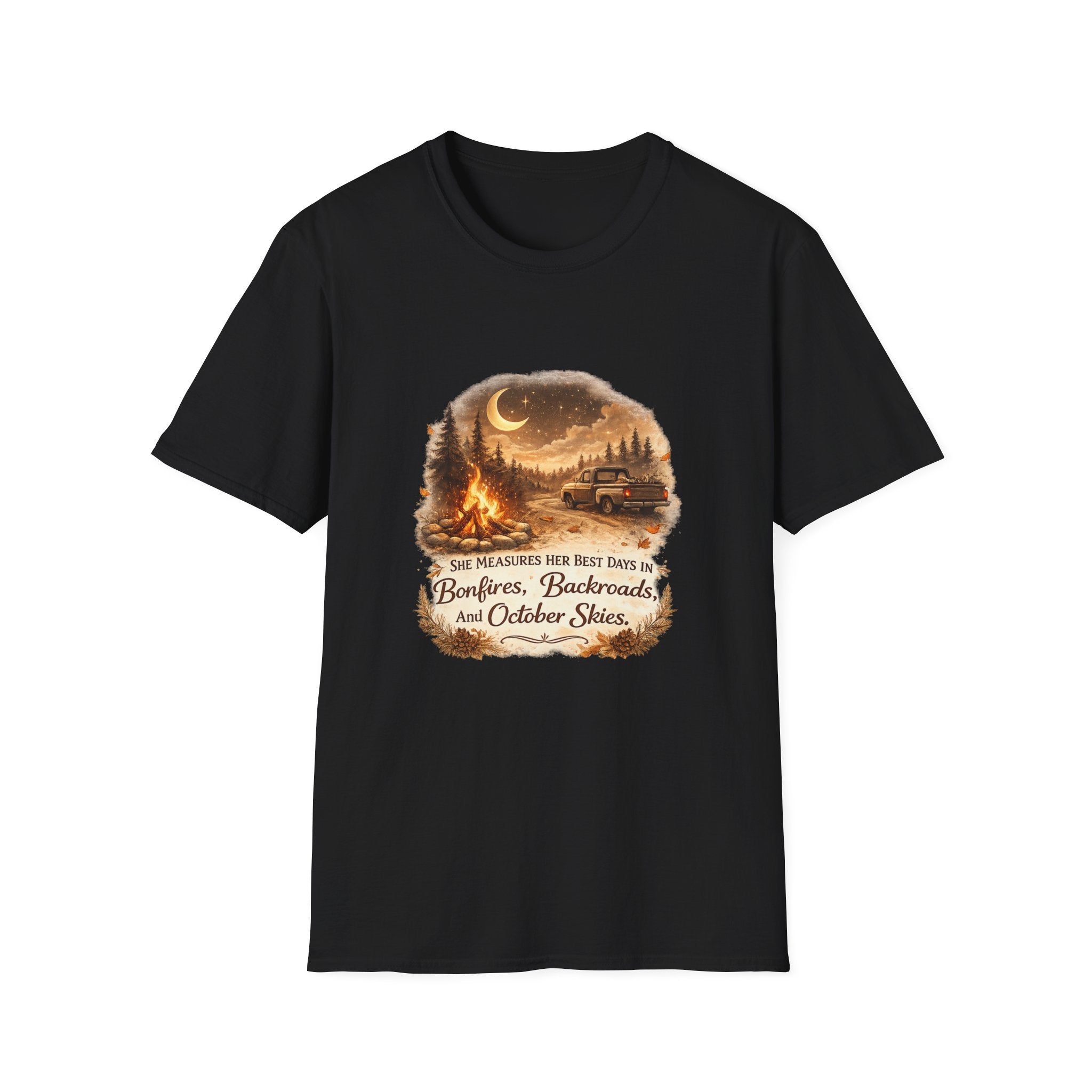 'Bonfires, Backroads, and October Skies' Outdoor Tee — Camping Scene T‑Shirt