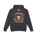 Country Born Raised Freedom Hoodie — American Flag Bull Skull Graphic Hooded Sweatshirt