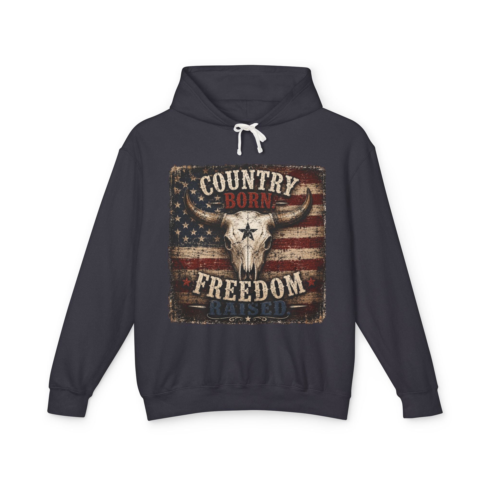 Country Born Raised Freedom Hoodie — American Flag Bull Skull Graphic Hooded Sweatshirt
