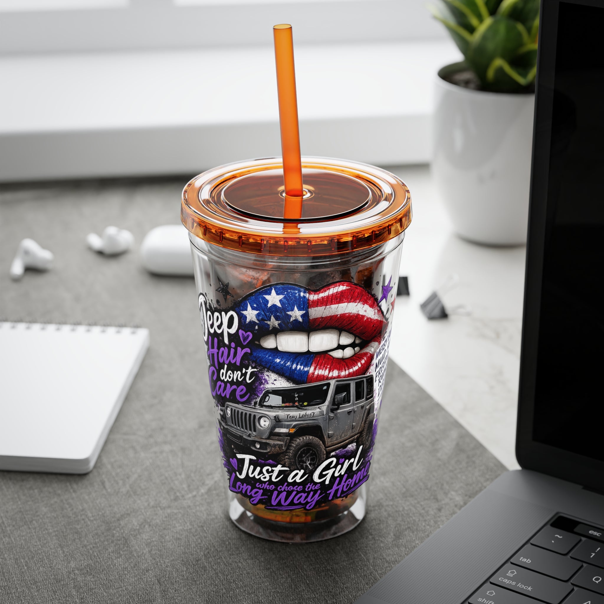 Jeep Girl 16oz Tumbler with Straw — American Flag Lips ‘Jeep Hair Don’t Care’ Design