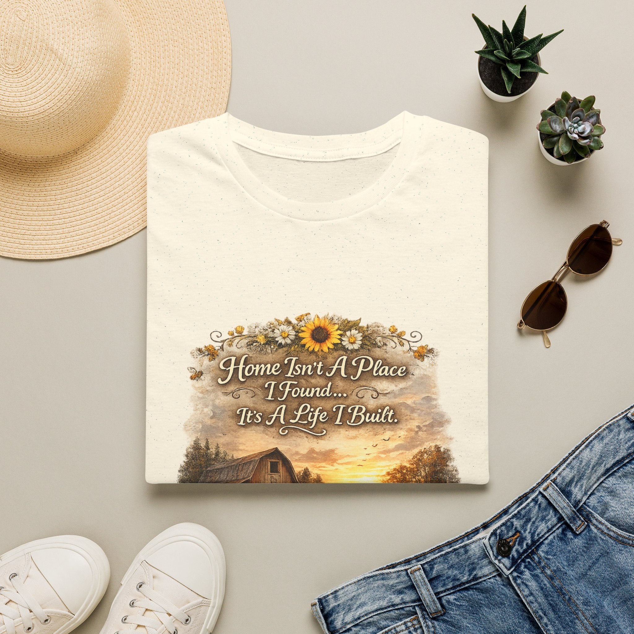 "Home Isn't A Place I Found... It's A Life I Built" Rustic Sunflower Tee — T-Shirt