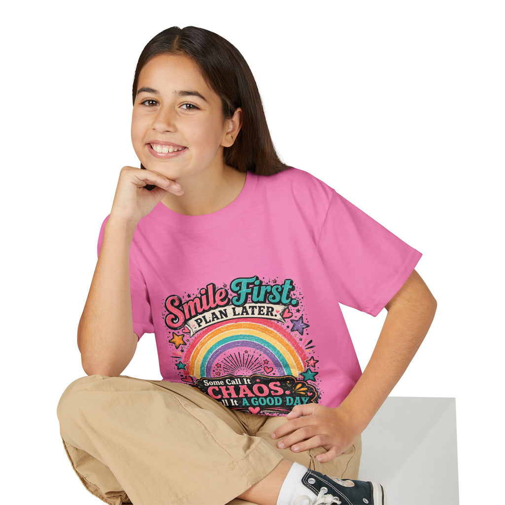 "Smile First, Plan Later" Rainbow Chaos Graphic Tee - Youth T-Shirt —