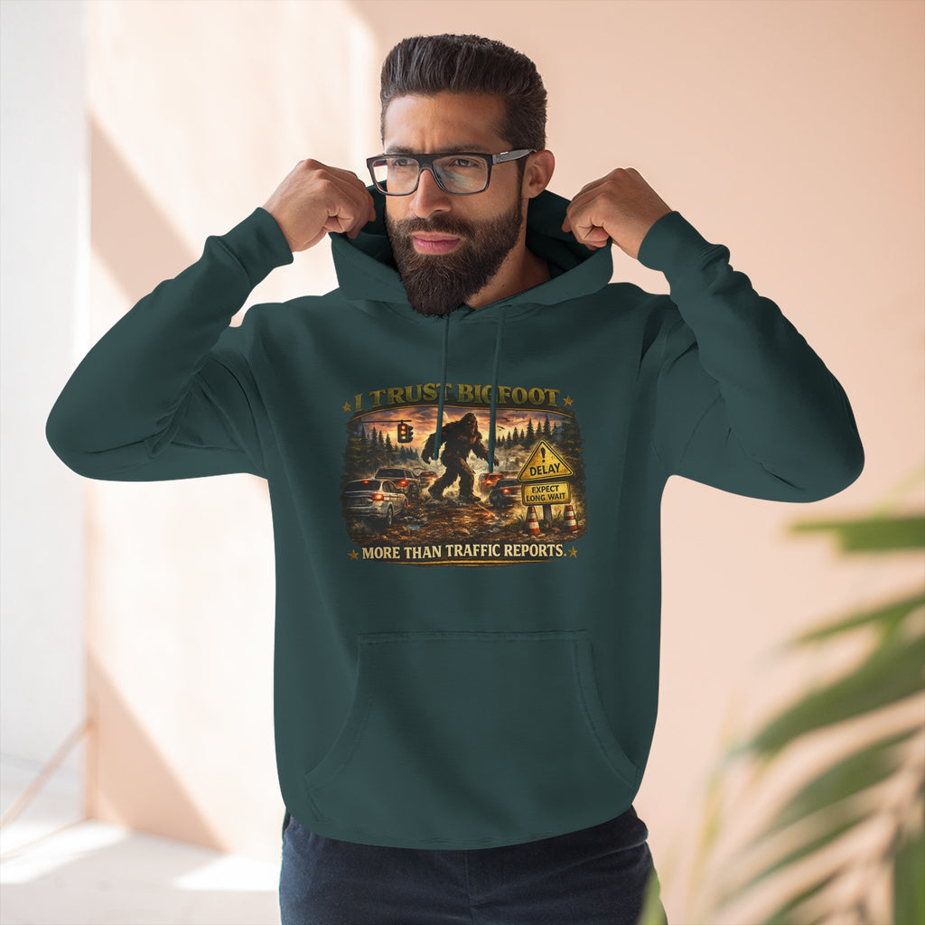 Bigfoot Forest Hoodie - "More Than Traffic Reports" Retro Sasquatch Graphic Hoodie