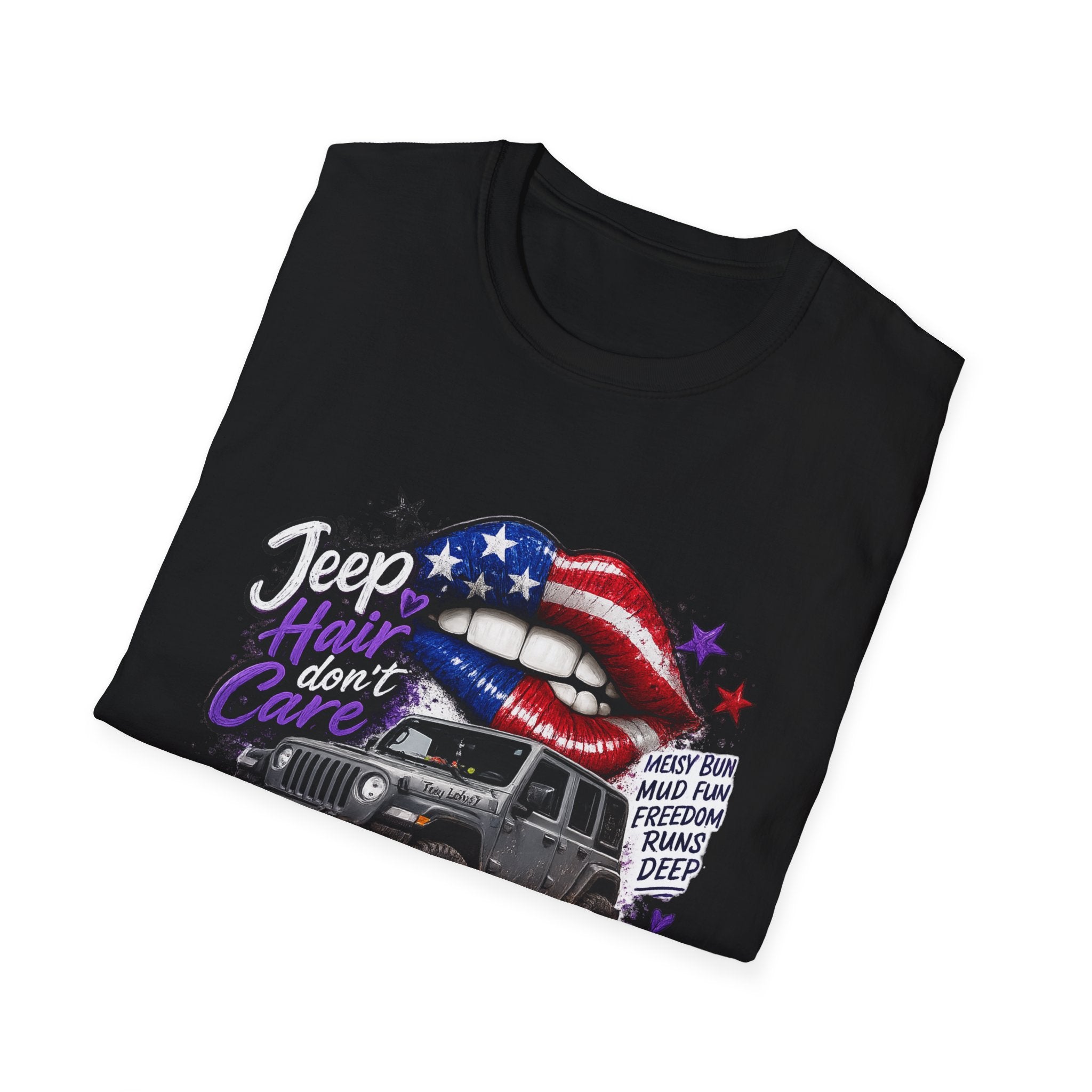 Jeep Hair Don't Care T-Shirt — American Flag Lips Off-Road Truck Tee