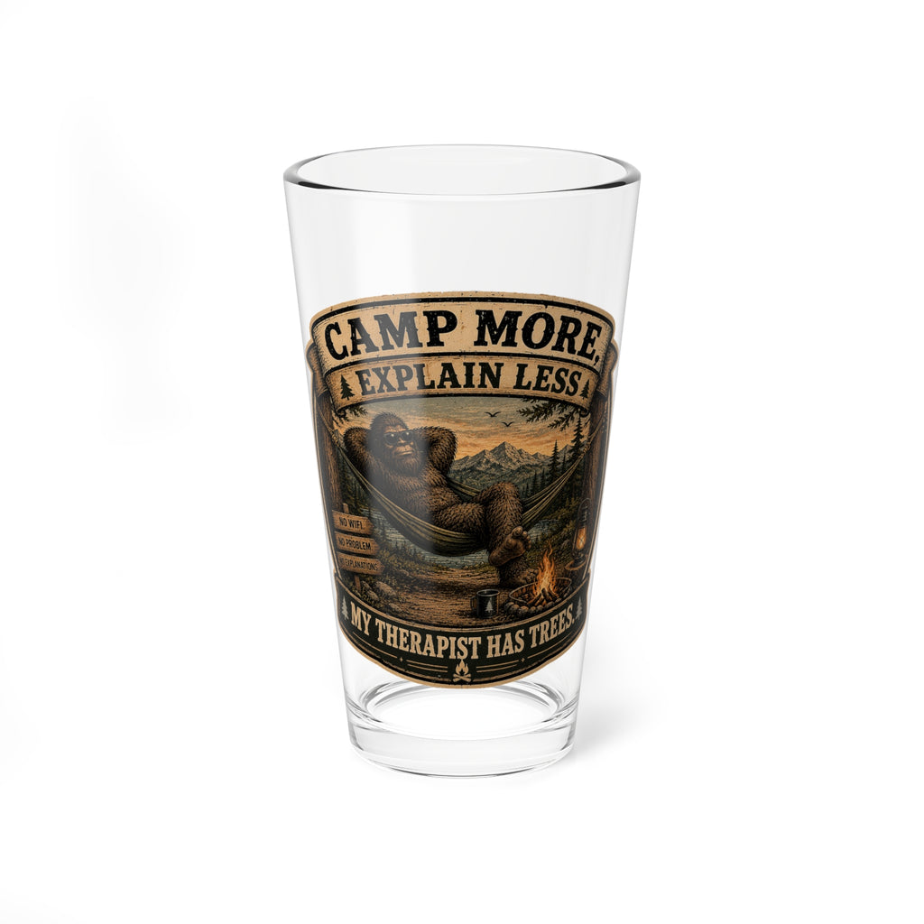 “Camp More, Explain Less” Bear Design – 16oz Camping Pint Glass