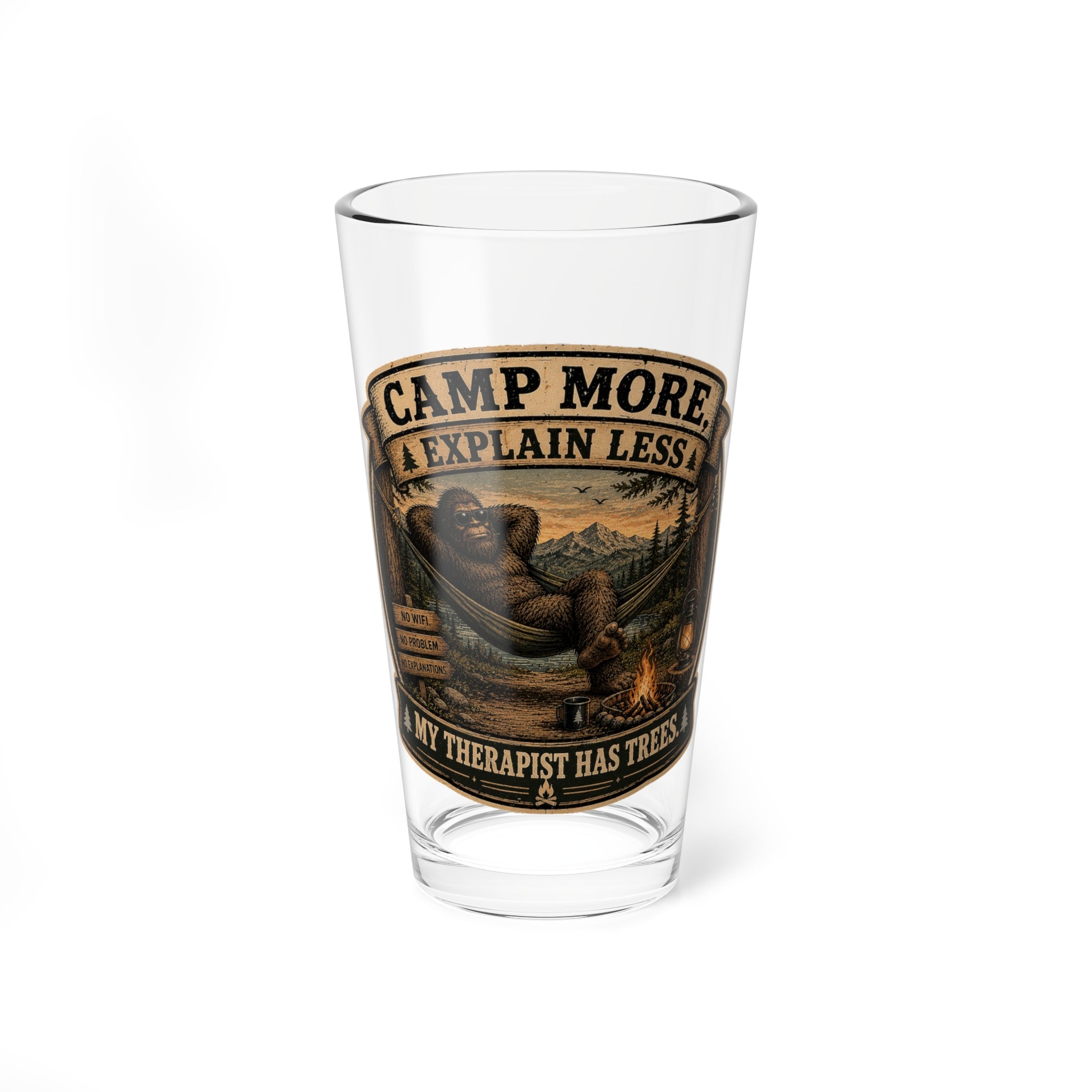 “Camp More, Explain Less” Bear Design – 16oz Camping Pint Glass