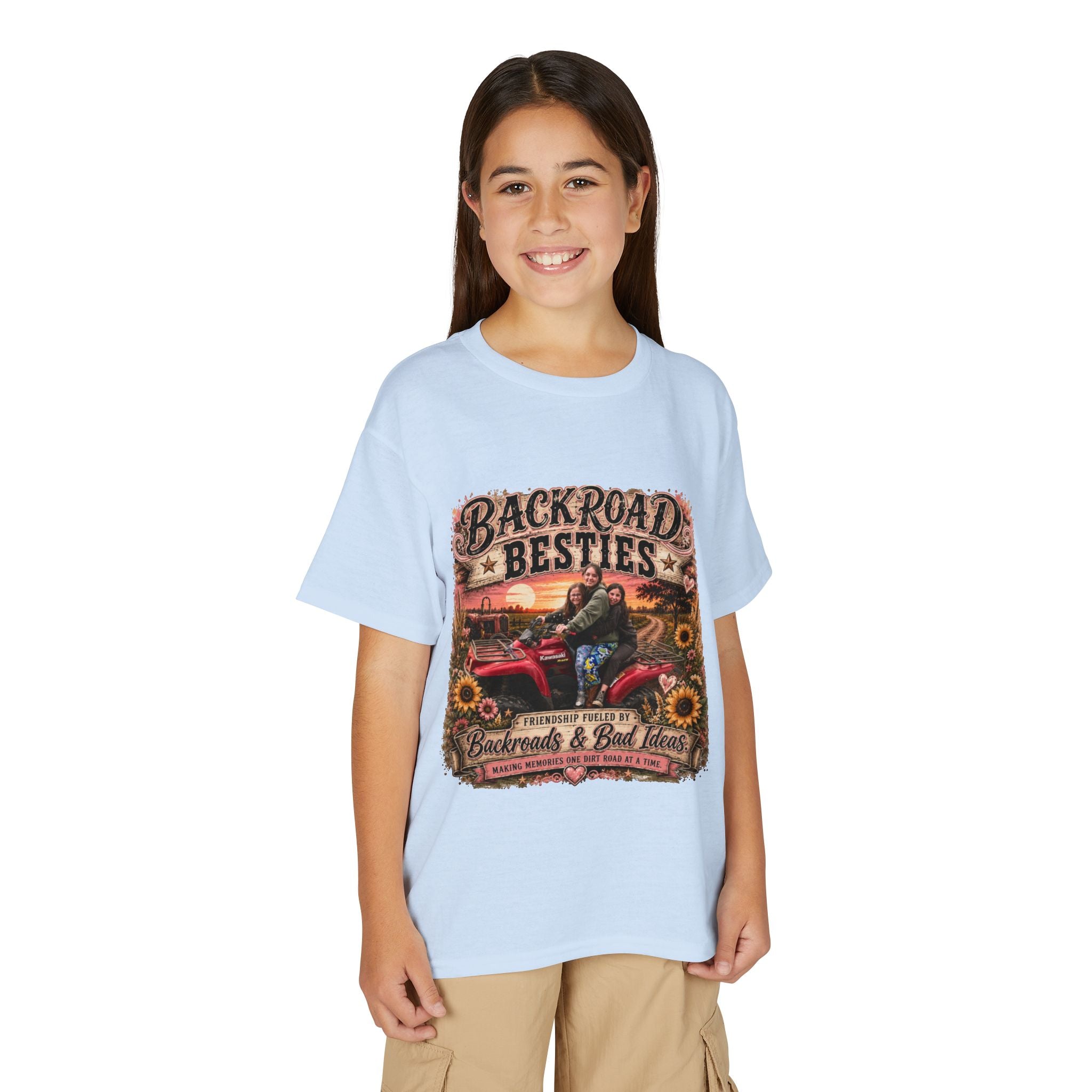 Backroad Besties Youth T‑Shirt — Vintage Tractor Sunset Kids Tee