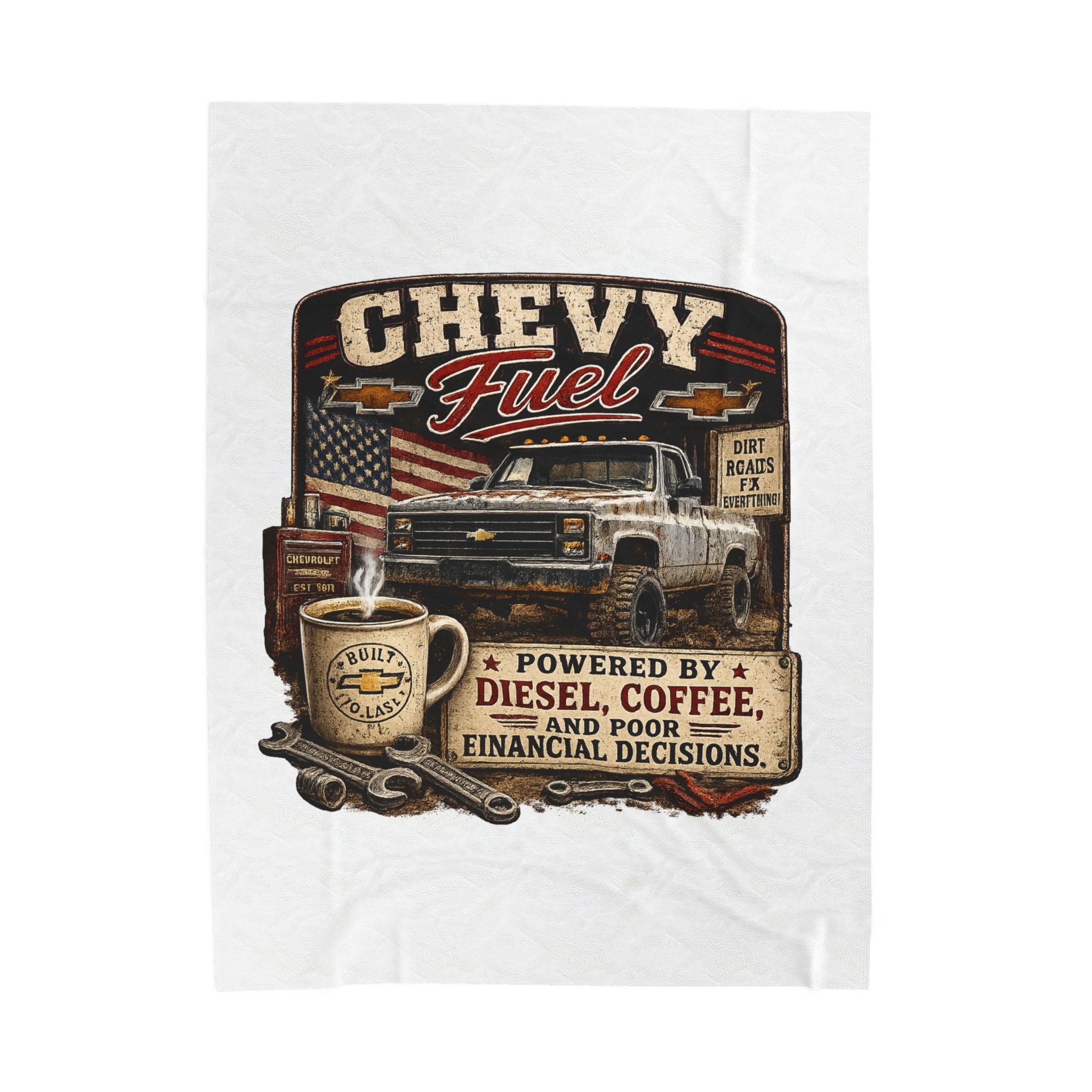 Chevy Fuel Velveteen Plush Blanket – 'Powered by Diesel, Coffee, and Poor Financial Decisions' Truck Graphic Throw