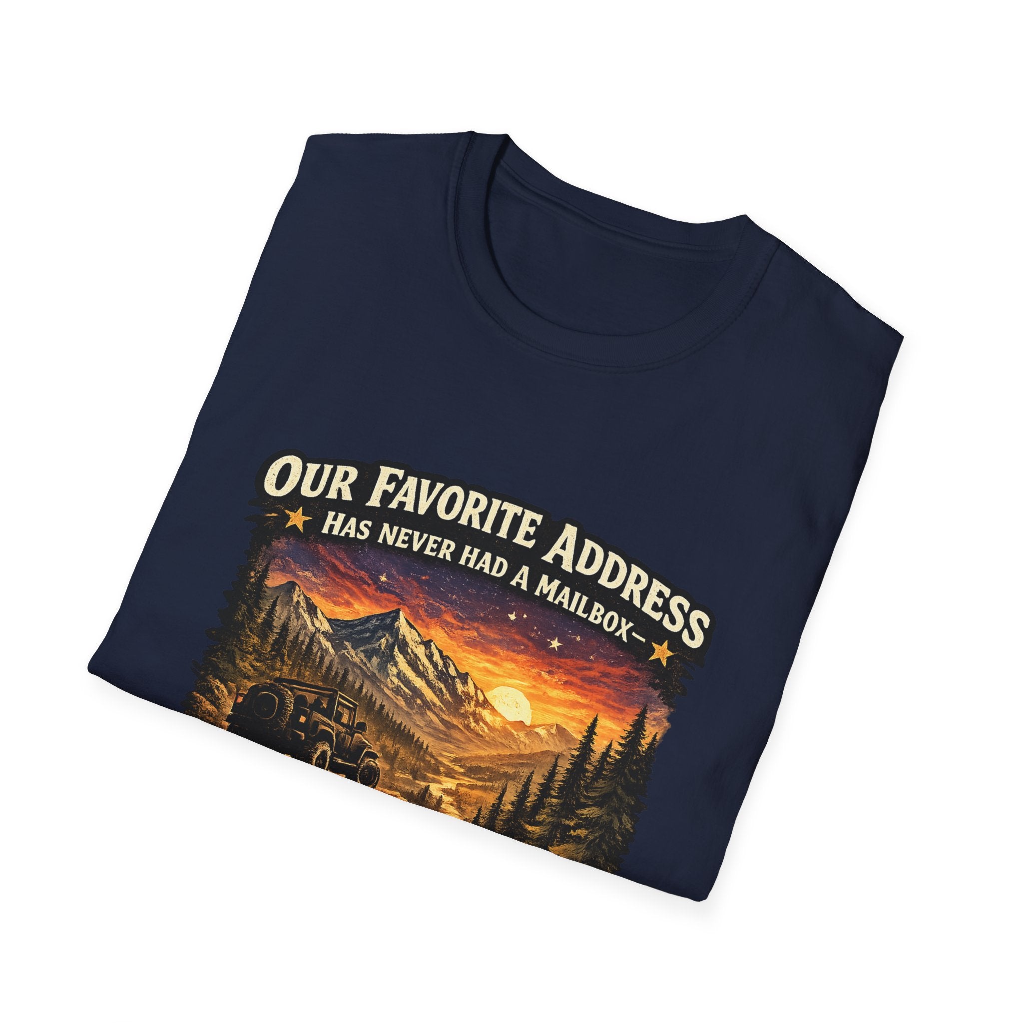 "Our Favorite Address Has Never Had a Mailbox" Scenic Mountain Camping Tee — T-Shirt
