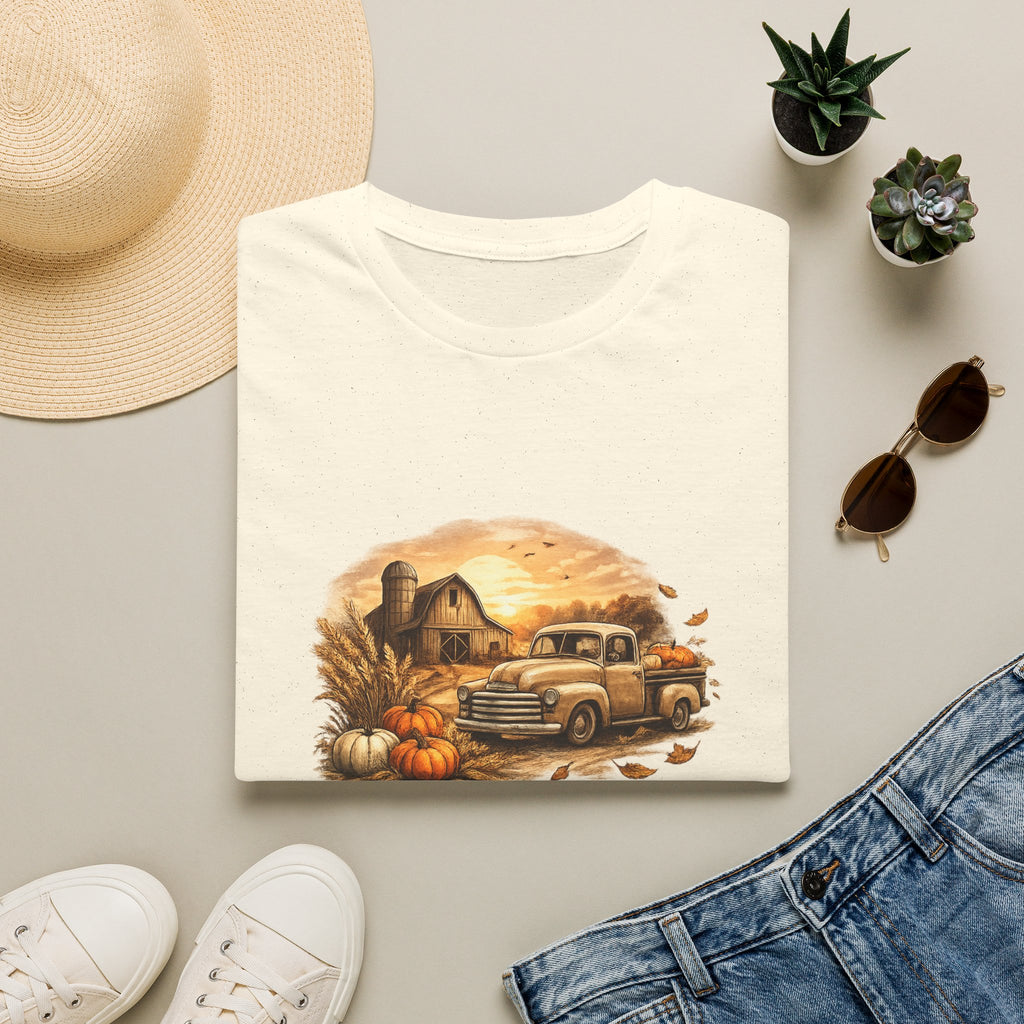 'Sunsets, Sweaters, and Dirt Roads' Vintage Autumn Tee — Fall Farm Truck T‑Shirt