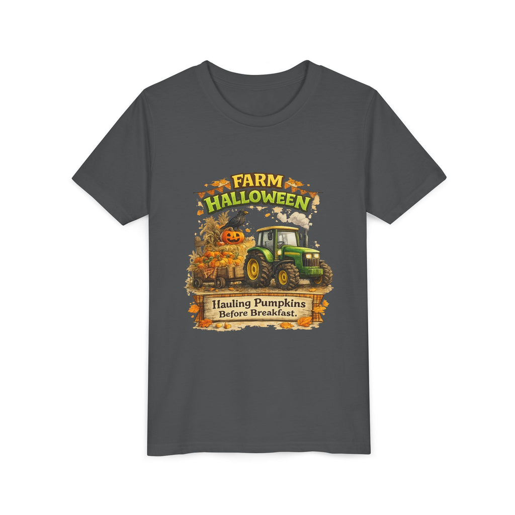 "Hauling Pumpkins Before Breakfast" Tractor Graphic — Youth Farm Halloween Tee