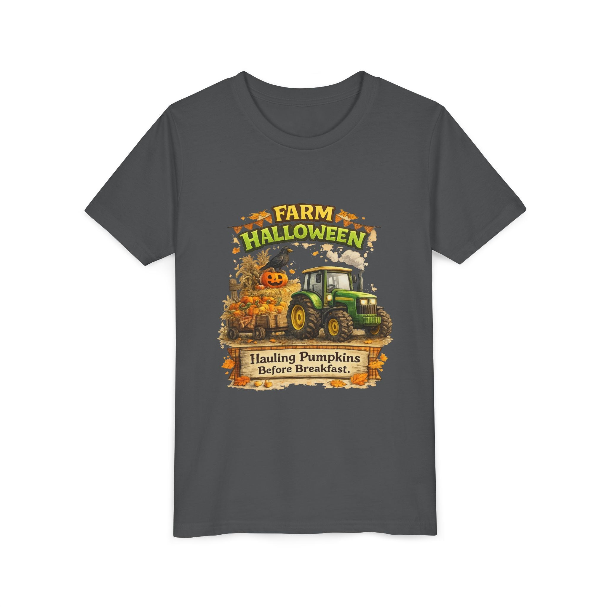 "Hauling Pumpkins Before Breakfast" Tractor Graphic — Youth Farm Halloween Tee