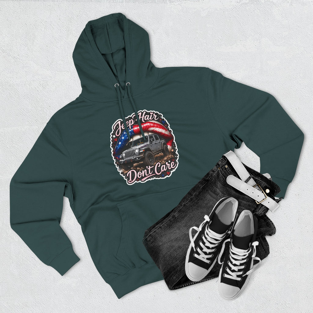 "Jeep Hair Don't Care" Graphic Fleece Pullover - Patriotic Jeep Hoodie