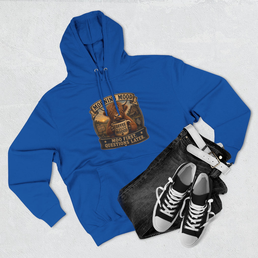 Morning Mood Moo First Questions Later Highland Cow Three-Panel Fleece Hoodie