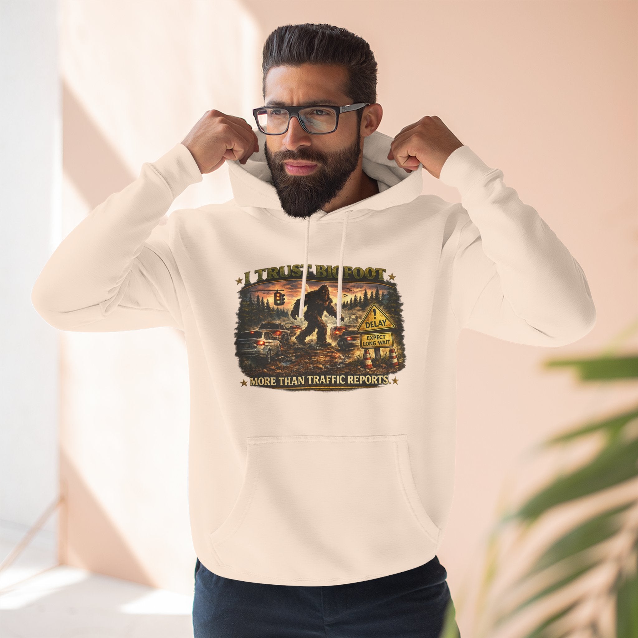 Bigfoot Forest Hoodie - "More Than Traffic Reports" Retro Sasquatch Graphic Hoodie