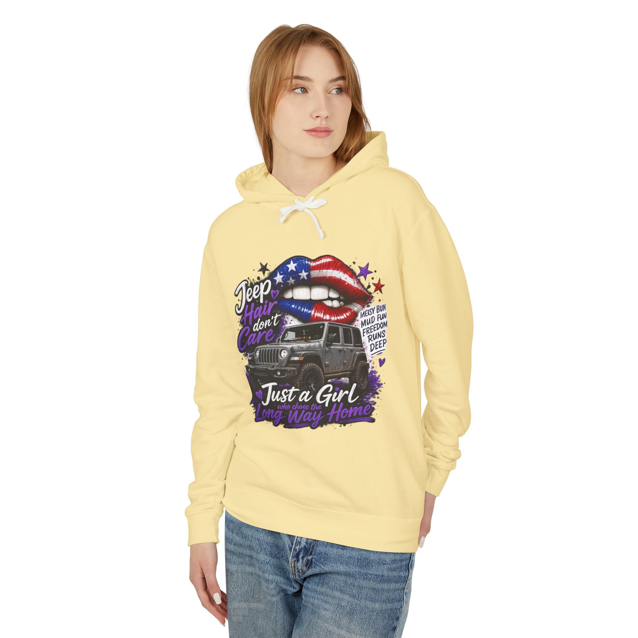 Jeep Just a Girl Hoodie – American Flag Lips Off-Road Sweatshirt