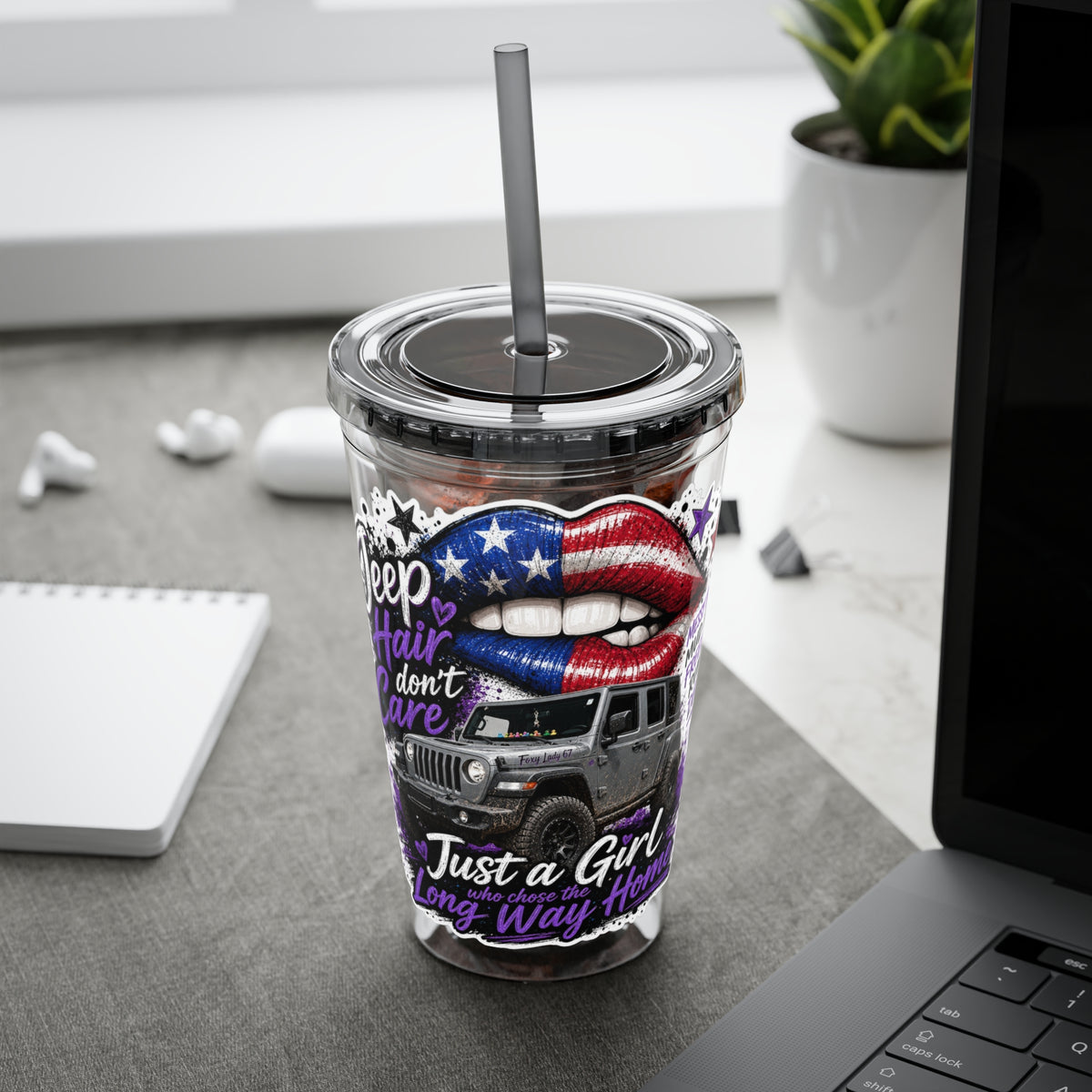 Jeep Girl 16oz Tumbler with Straw — American Flag Lips ‘Jeep Hair Don’t Care’ Design