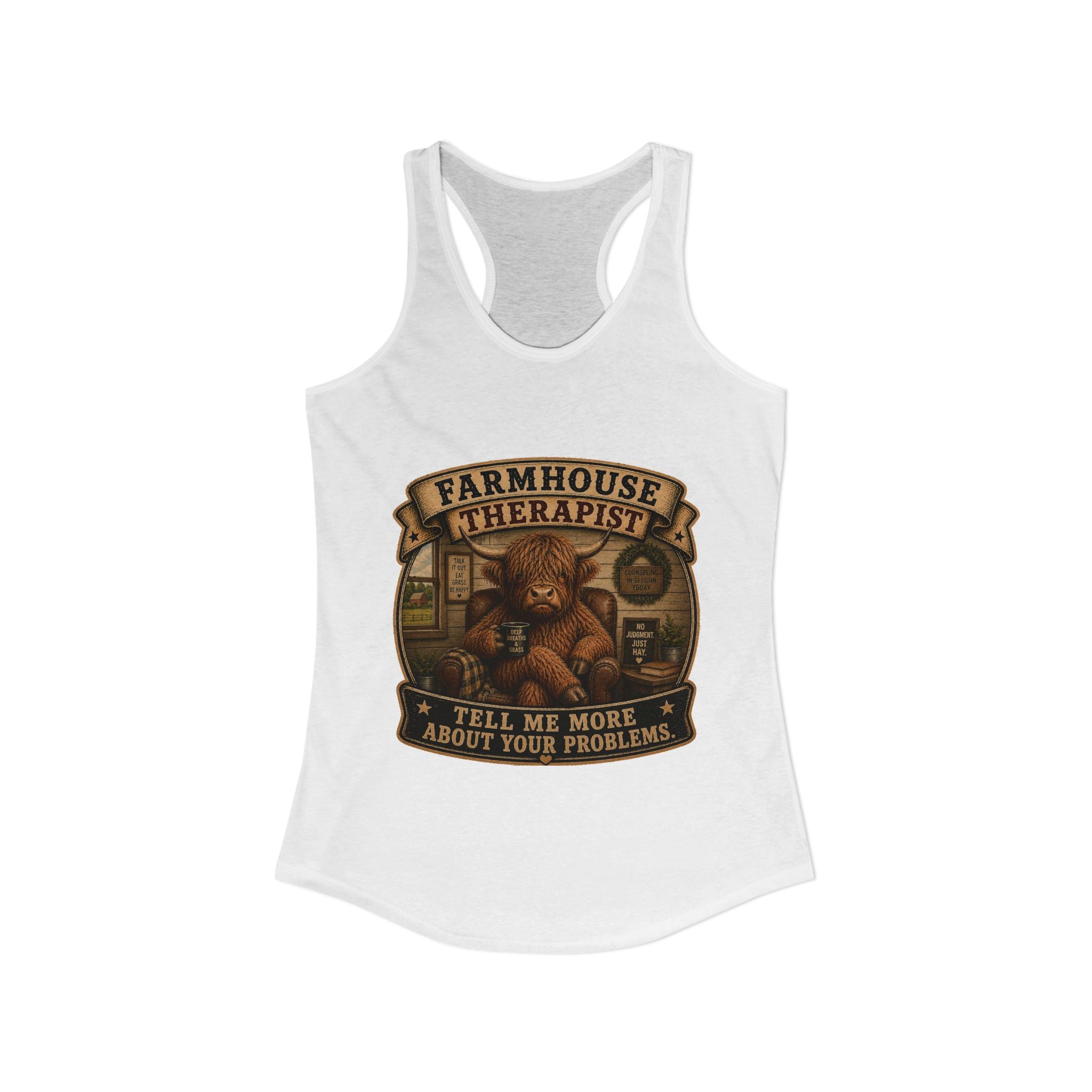 Farmhouse Therapist Highland Cow Women's Ideal Racerback Tank