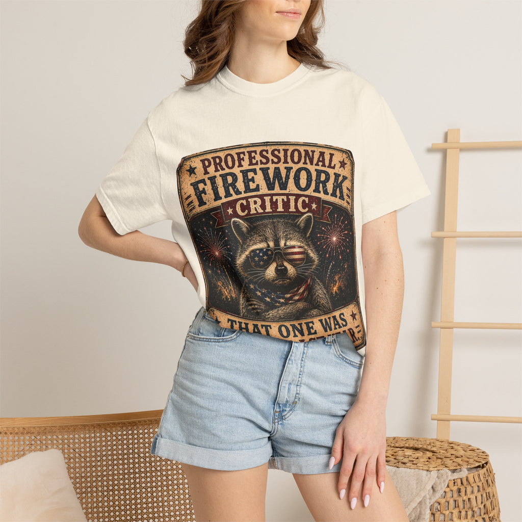 Firework Critic Raccoon T-Shirt — "Professional Firework Critic, That One Was Better Last Year"