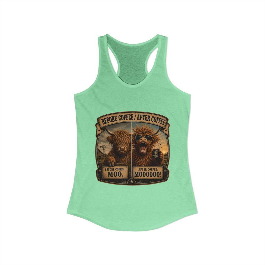 Before Coffee/After Coffee Highland Cow Women's Ideal Racerback Tank