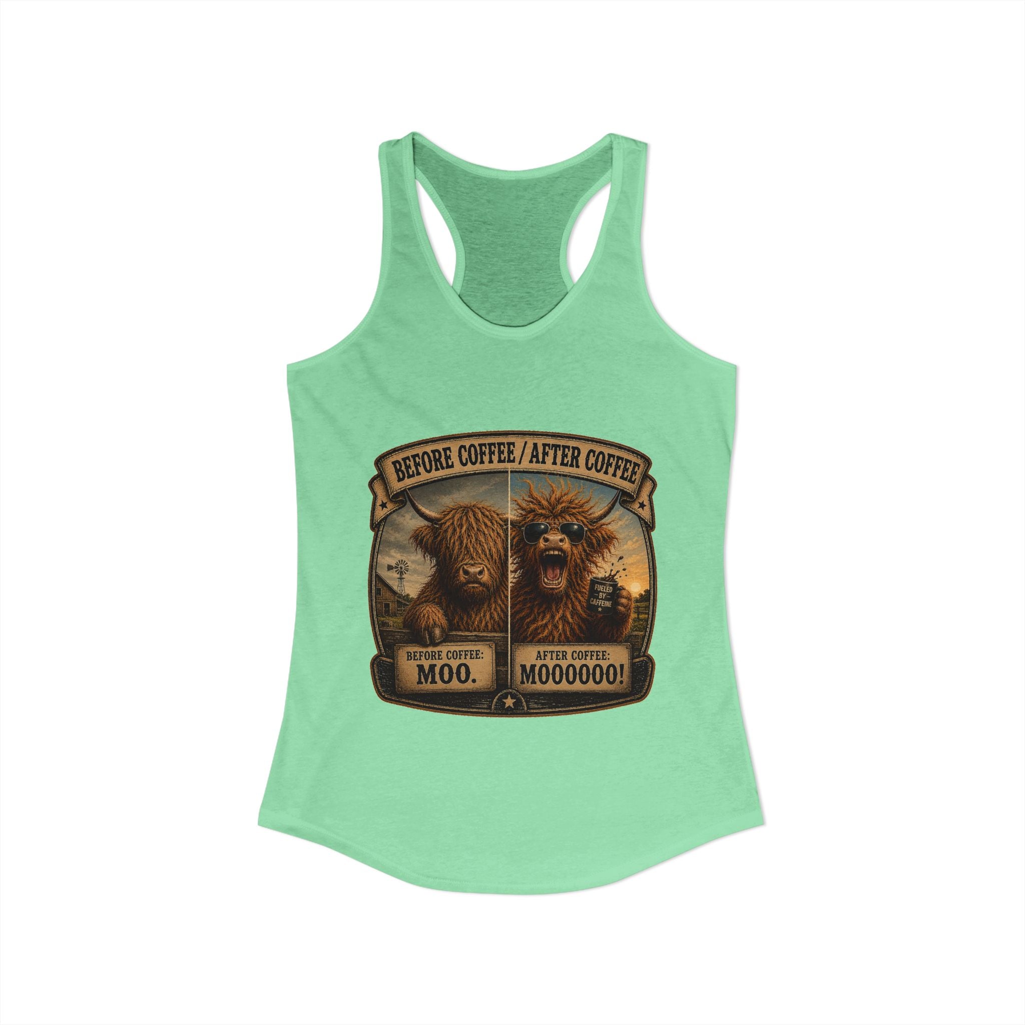 Before Coffee/After Coffee Highland Cow Women's Ideal Racerback Tank