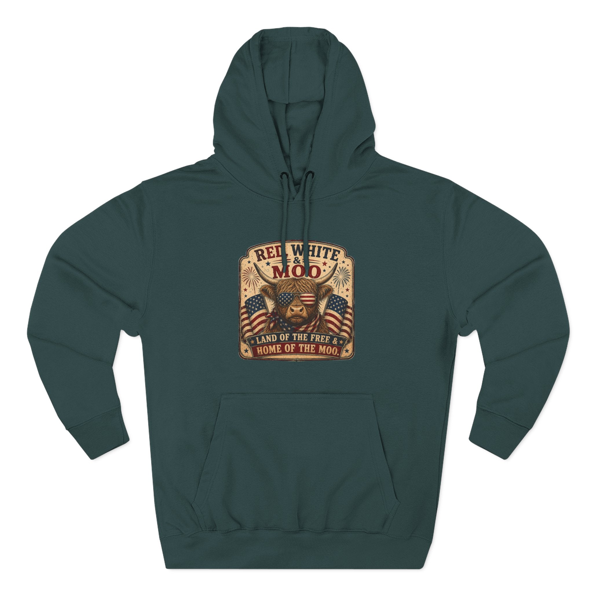 Red, White, & Moo Highland Cow Three-Panel Fleece Hoodie