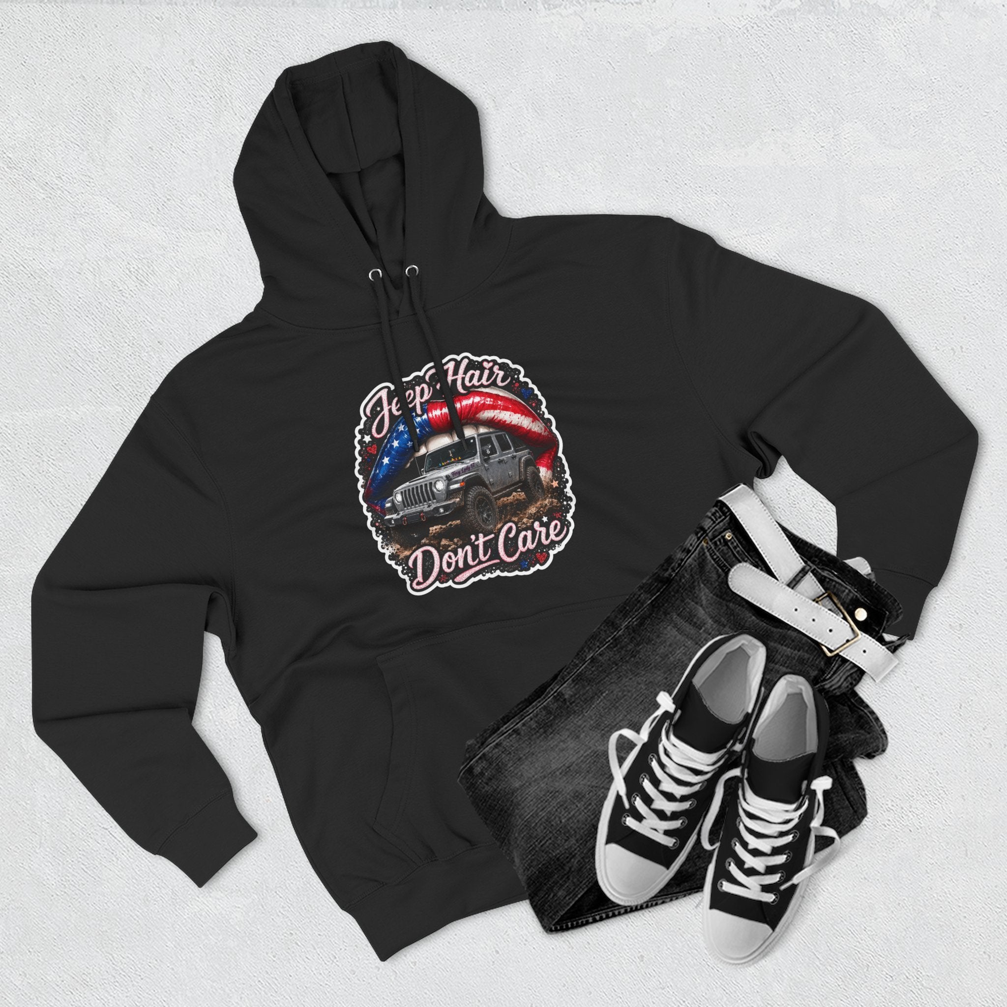 "Jeep Hair Don't Care" Graphic Fleece Pullover - Patriotic Jeep Hoodie