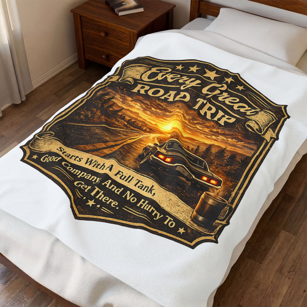“Every Great Road Trip” Vintage Sunset Car Travel Throw — Velveteen Plush Blanket
